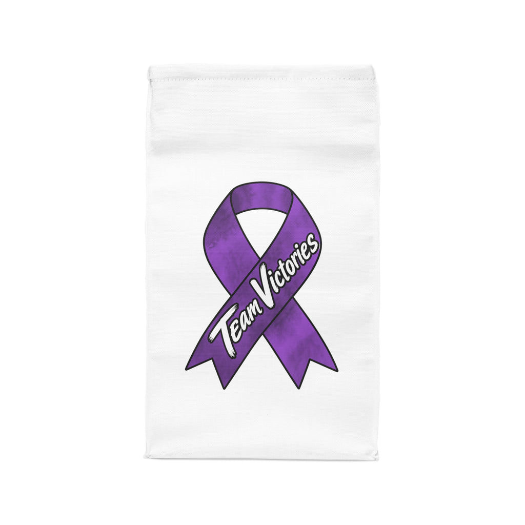Moooove Over Cancer lunch bag back view with Team Victories purple ribbon