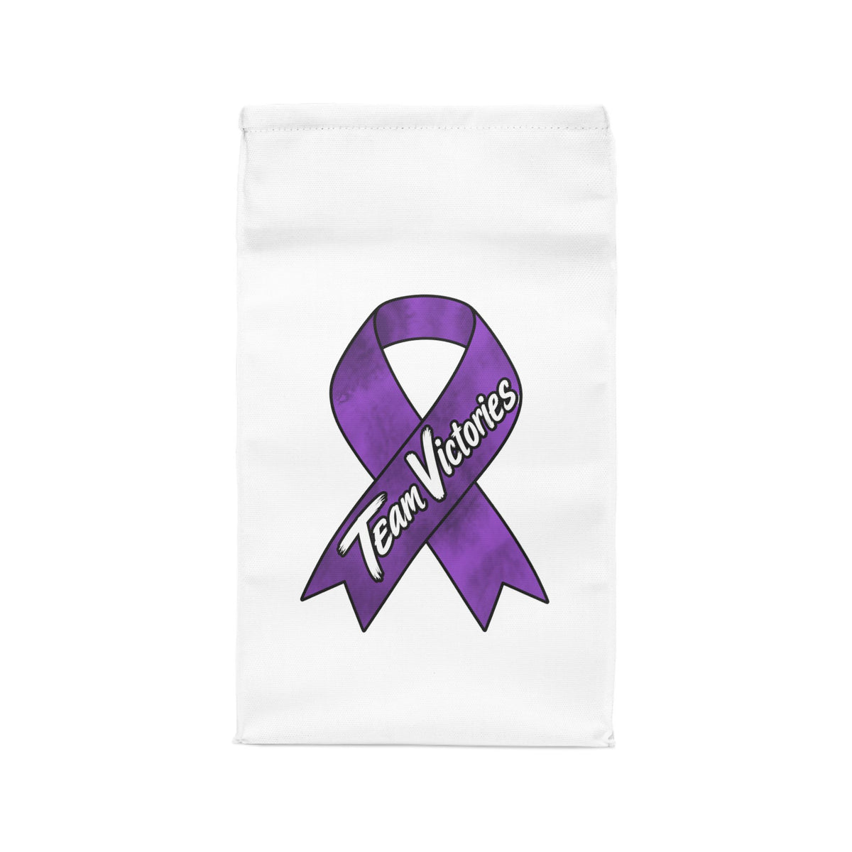 Moooove Over Cancer lunch bag back view with Team Victories purple ribbon