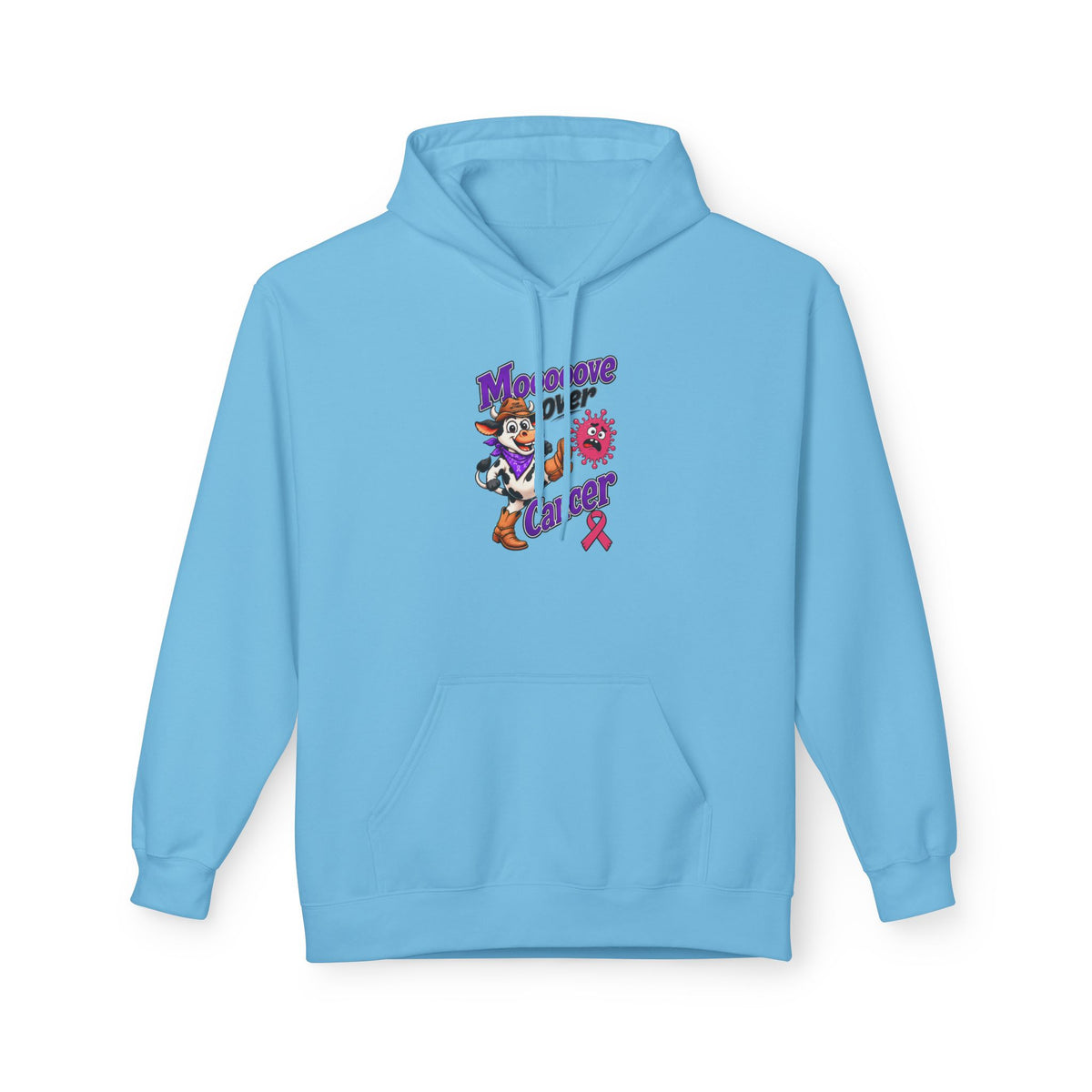 Blue Moooove Over Cancer hoodie with Breast Cancer awareness ribbon artwork