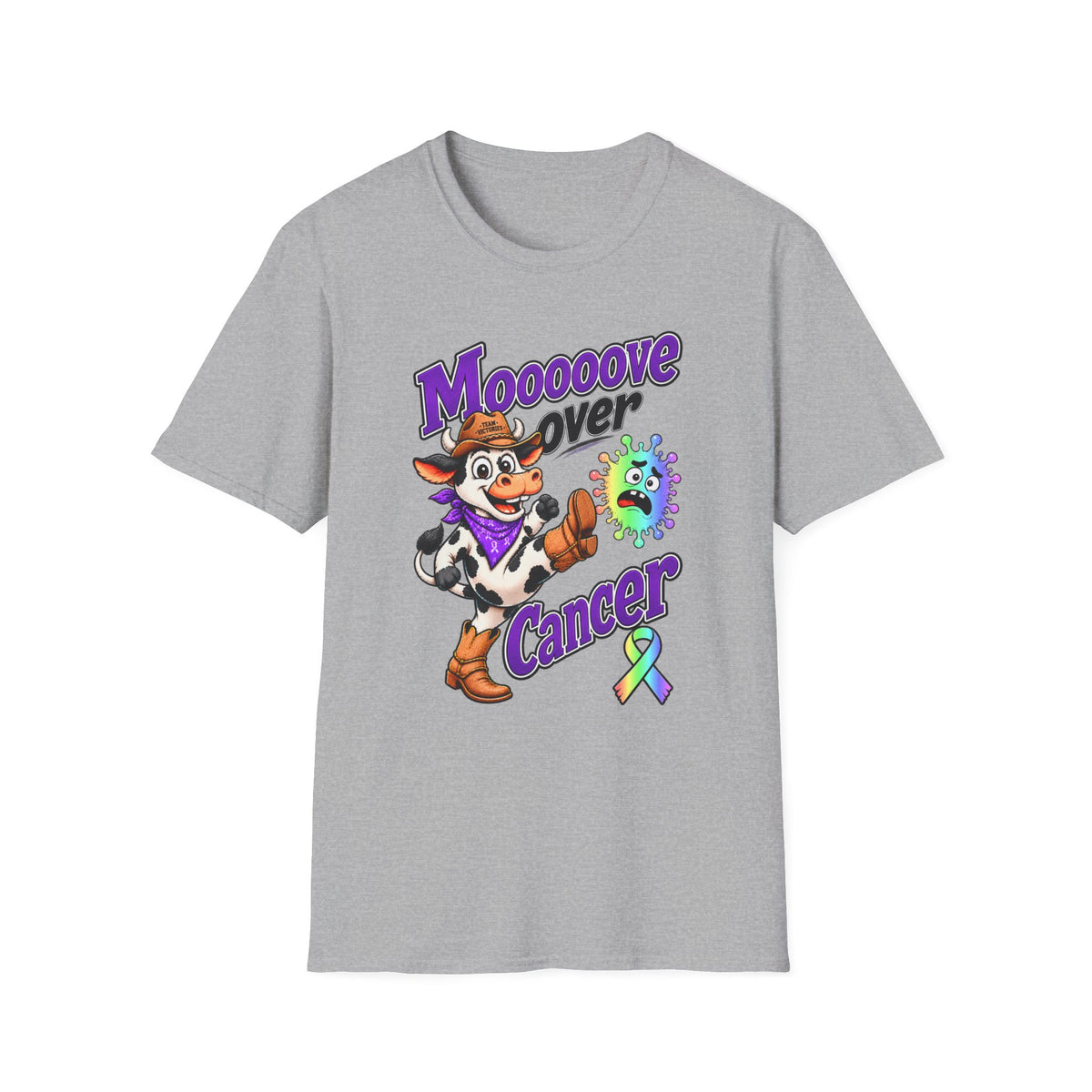 Moooove Over Cancer T-shirt in gray with cow character artwork