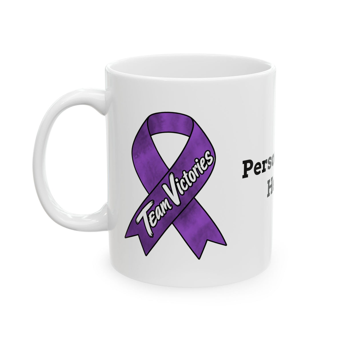 Moooove Over Cancer mug featuring a Team Victories Pancreatic Cancer awareness ribbon