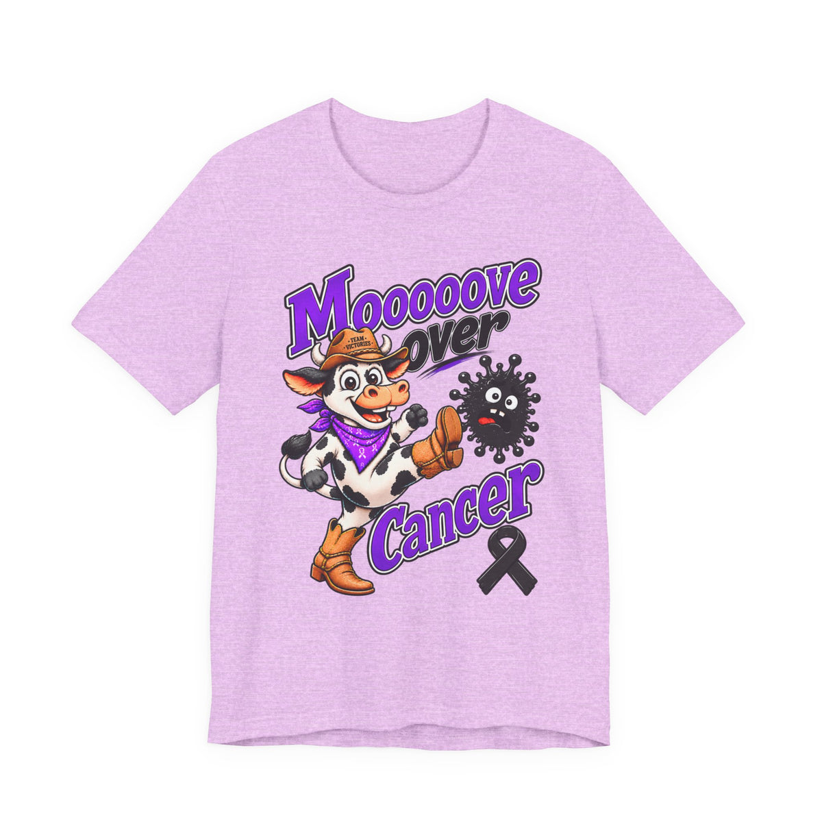 Burgundy Moooove Over Cancer T-shirt featuring cow character and cancer message