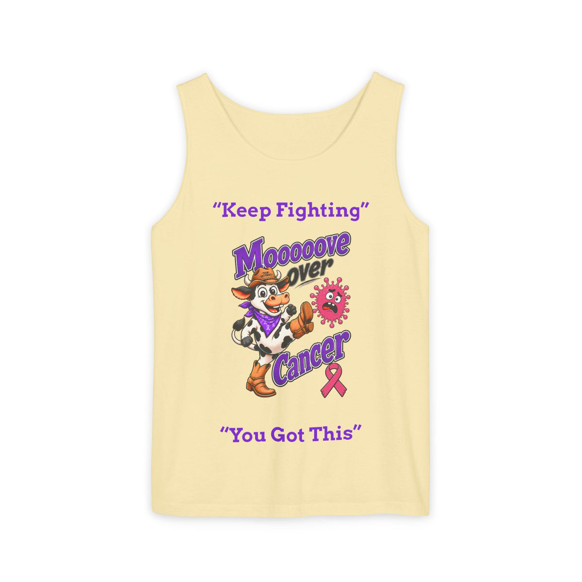 Light yellow Moooove Over Cancer tank top with cowgirl cancer support design