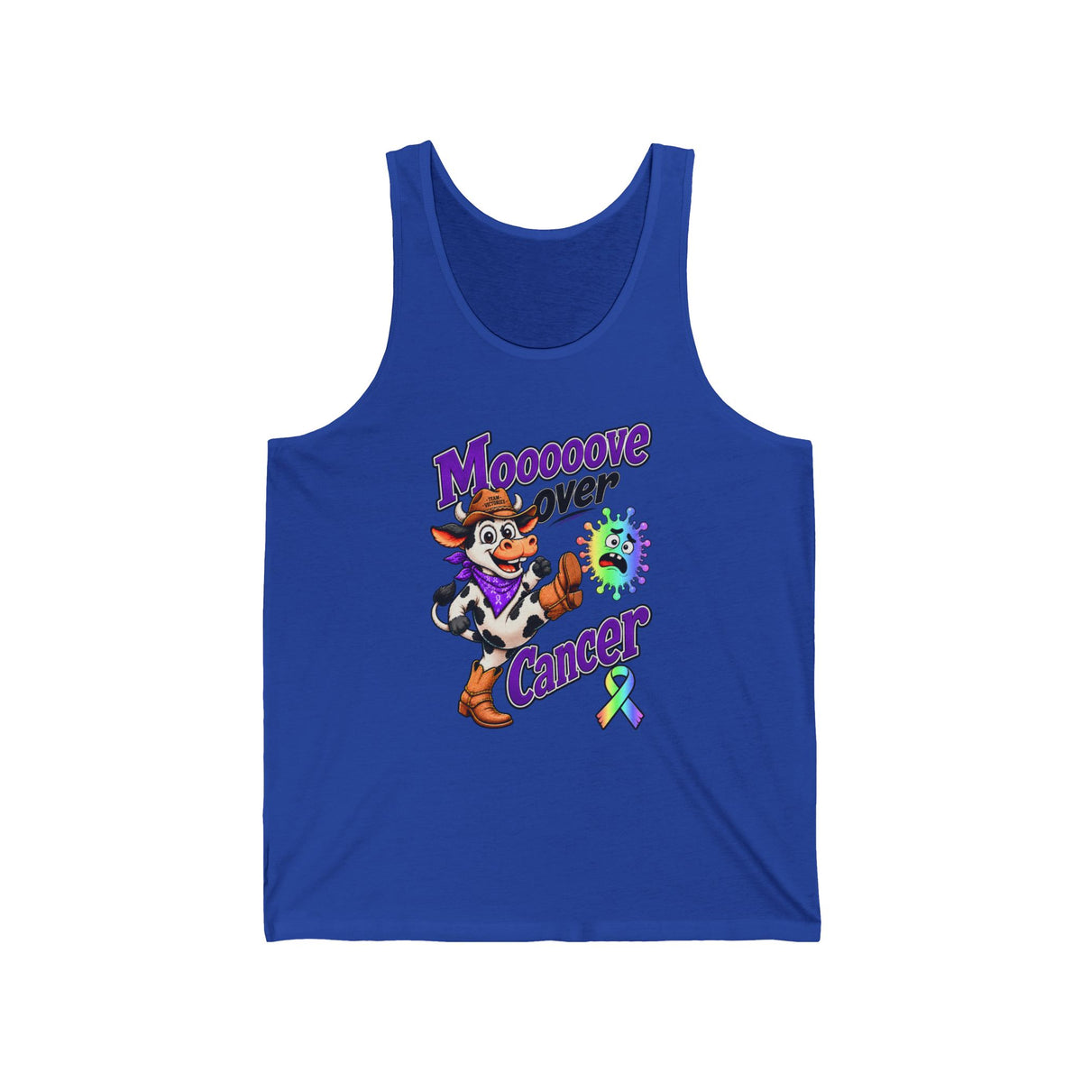 Blue Moooove Over Cancer tank top with colorful all-cancer awareness ribbon design