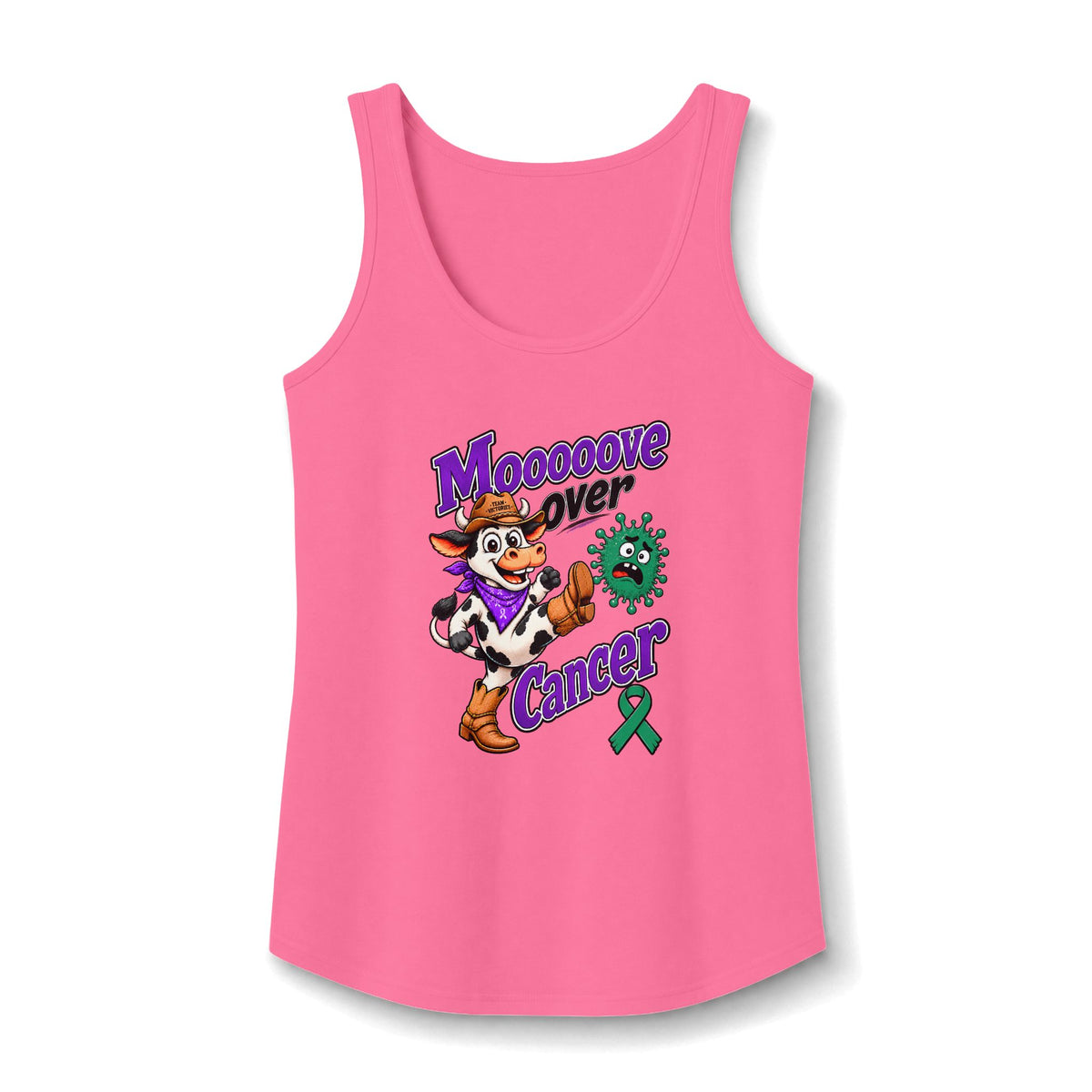 Pink Moooove Over Cancer tank top with cowgirl graphic and Liver Cancer awareness ribbon