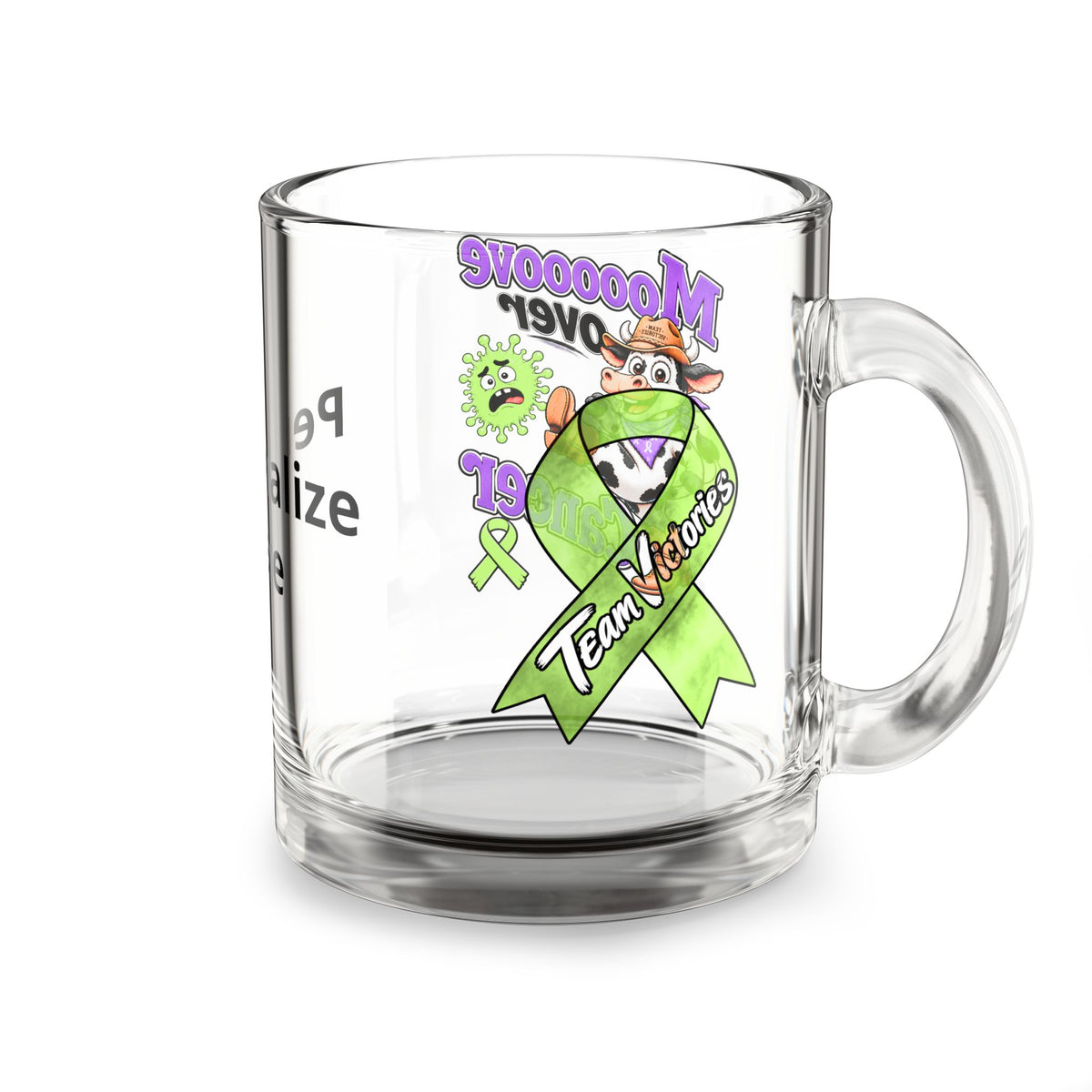 Moooove Over Cancer mug back view with Team Victories Non-Hodgkin/Lymphoma Cancer awareness ribbon