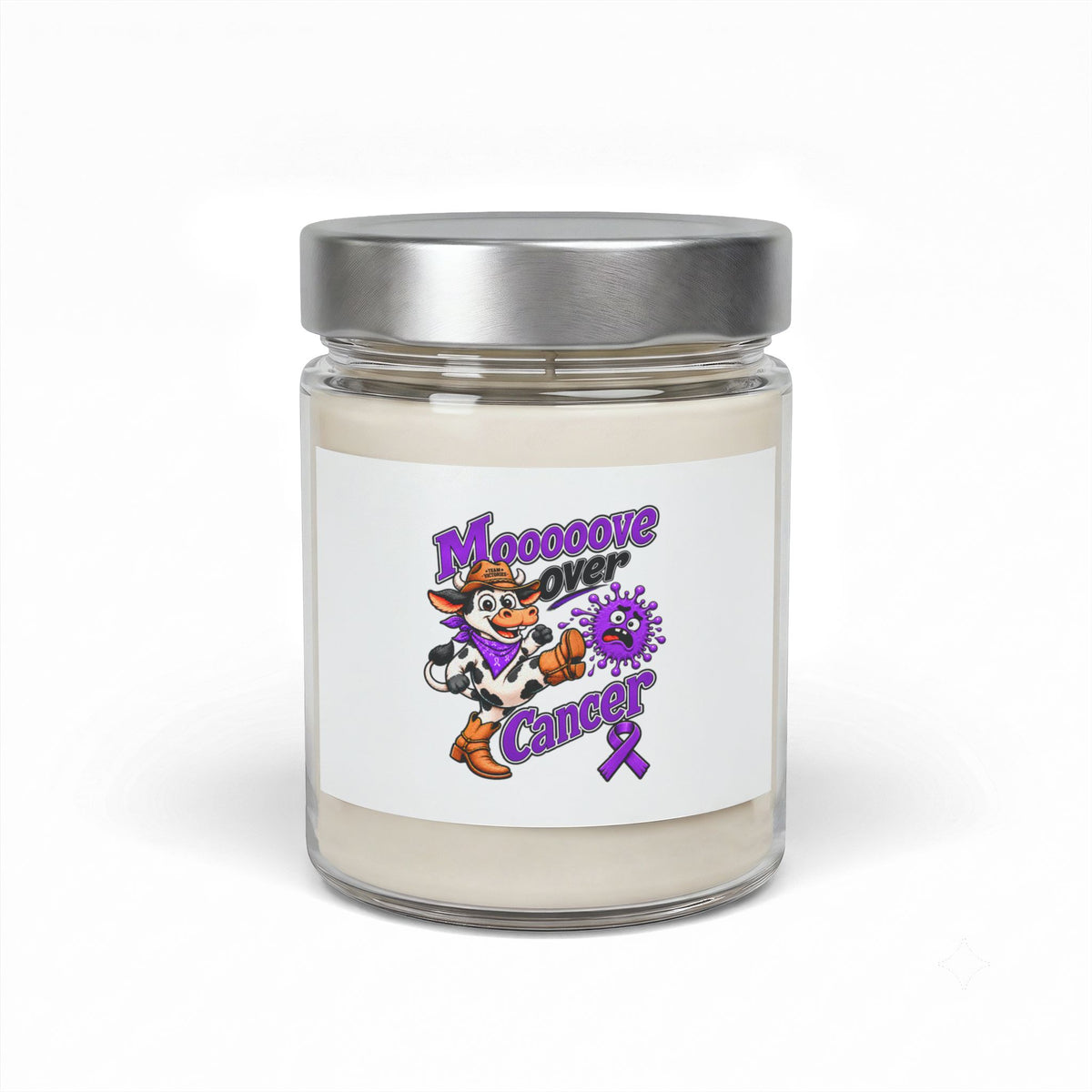 Moooove Over Cancer 9 oz soy candle with a purple Pancreatic Cancer awareness ribbon label