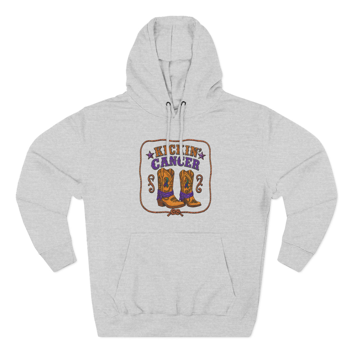 Gray Kickin' Cancer hoodie displaying the western cowboy boots front graphic
