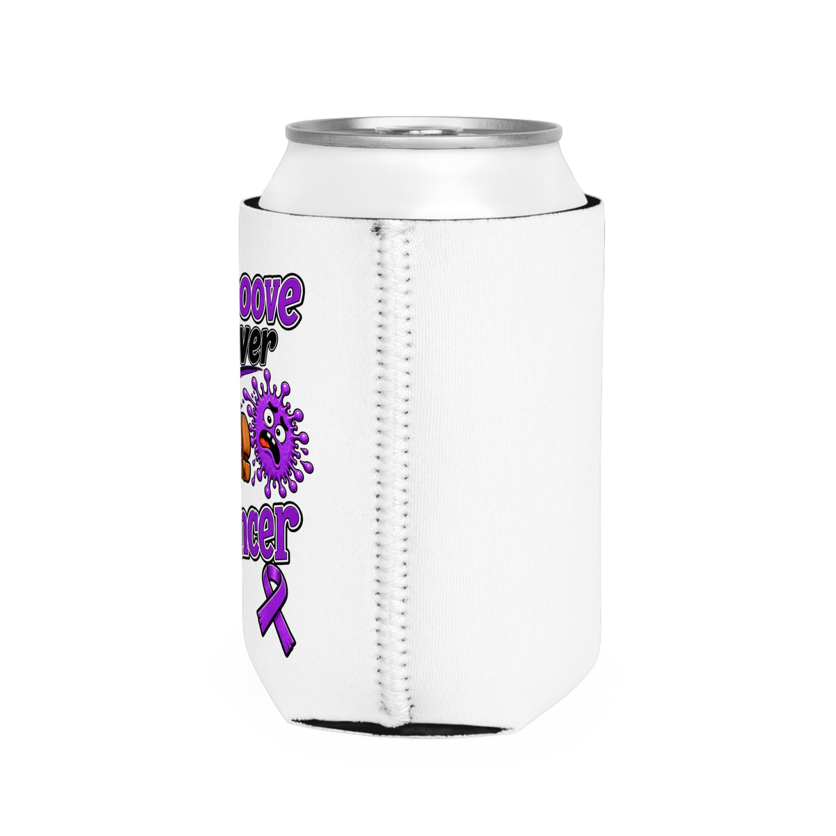 Reverse side view of Moooove Over Cancer can cooler sleeve with stitched center seam