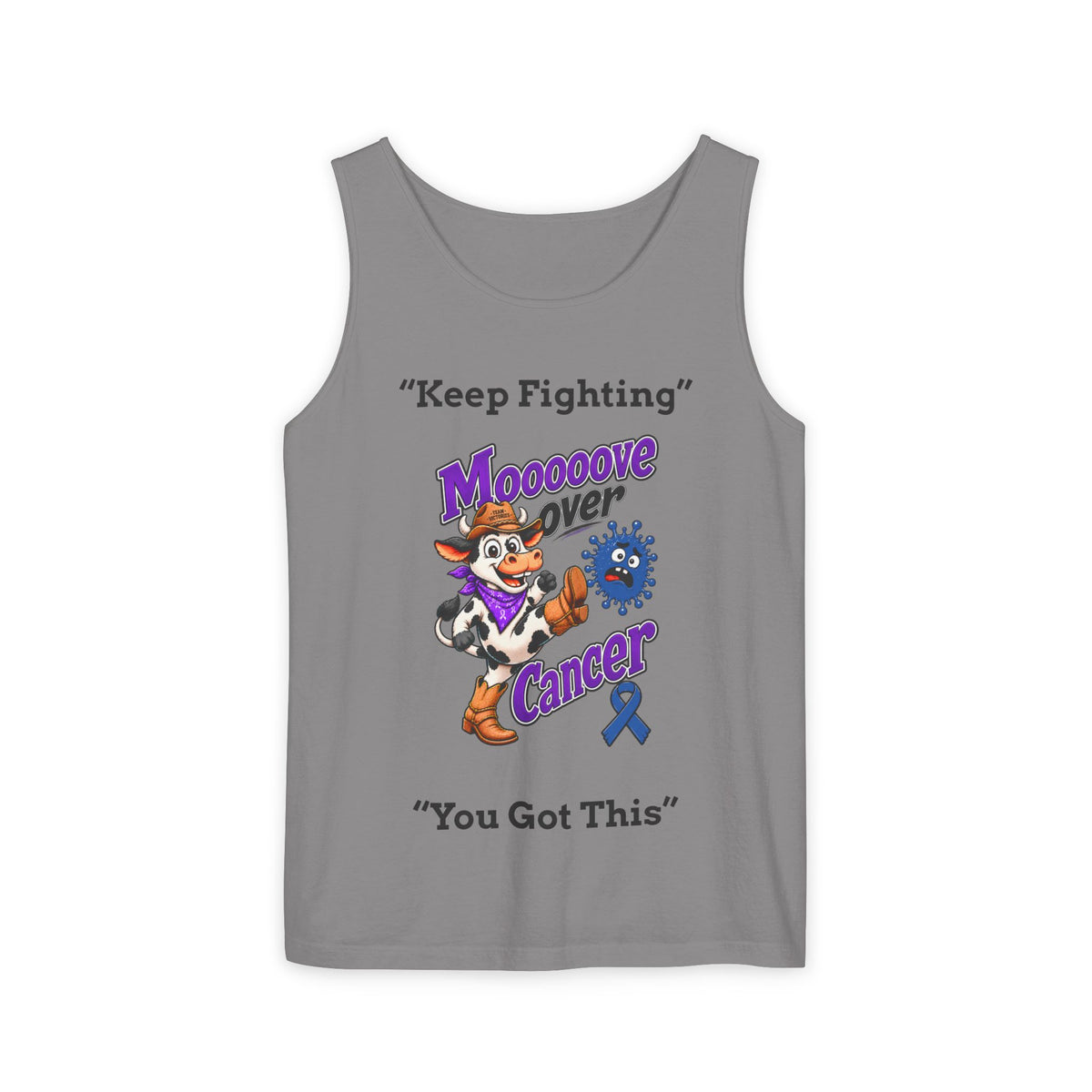 Gray Moooove Over Cancer tank top with playful cow graphic and Colon Cancer awareness ribbon