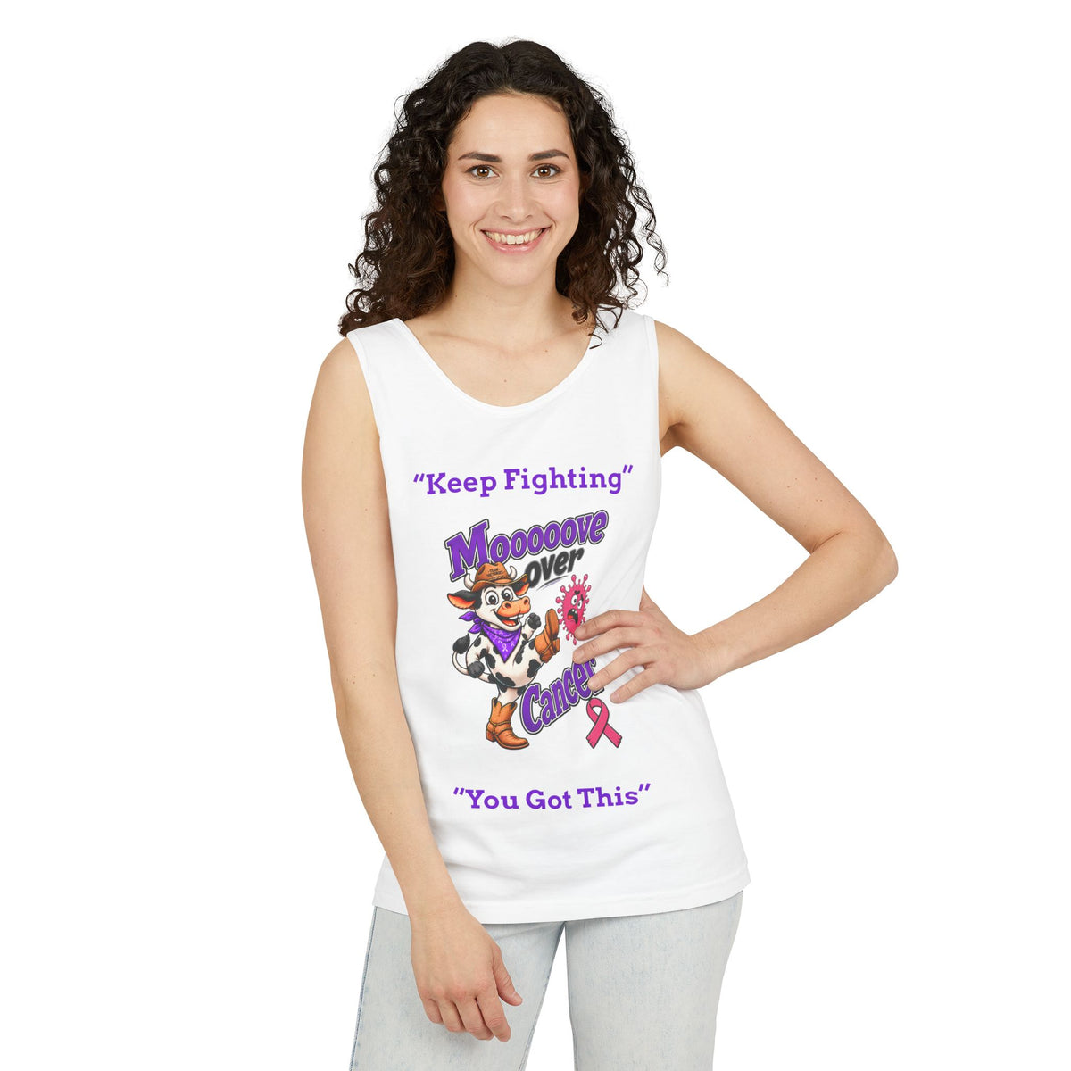 Man modeling white Moooove Over Cancer tank top with Keep Fighting message