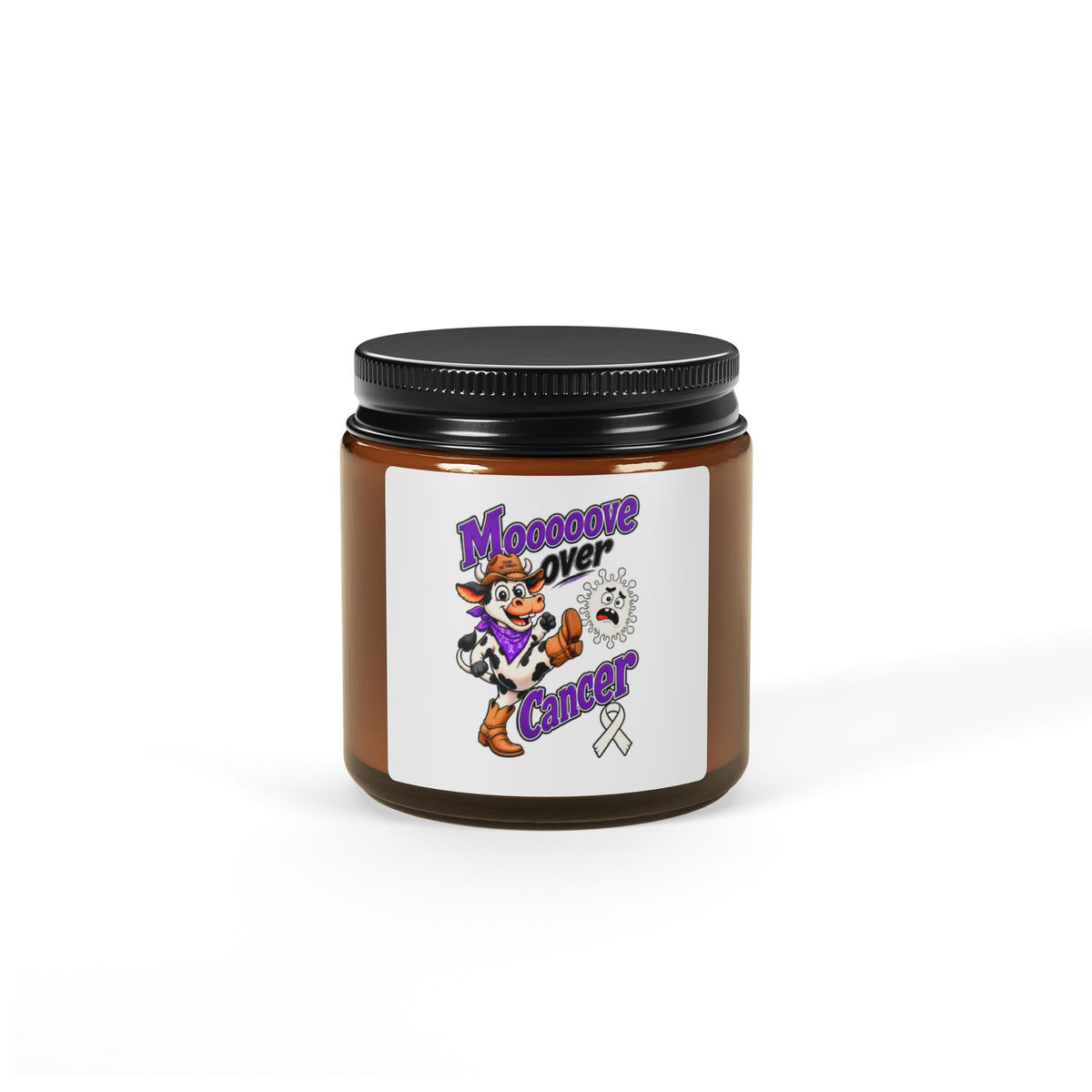 Moooove Over Cancer Lung Cancer awareness ribbon soy candle in an amber jar