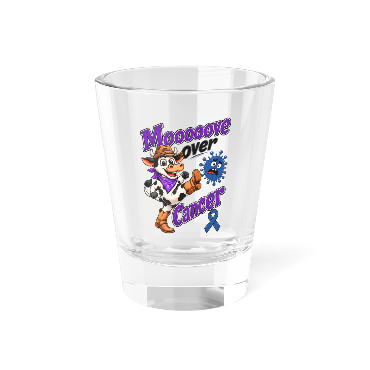 Moooove Over Cancer 1.5 oz shot glass with colorful cow artwork and awareness ribbon