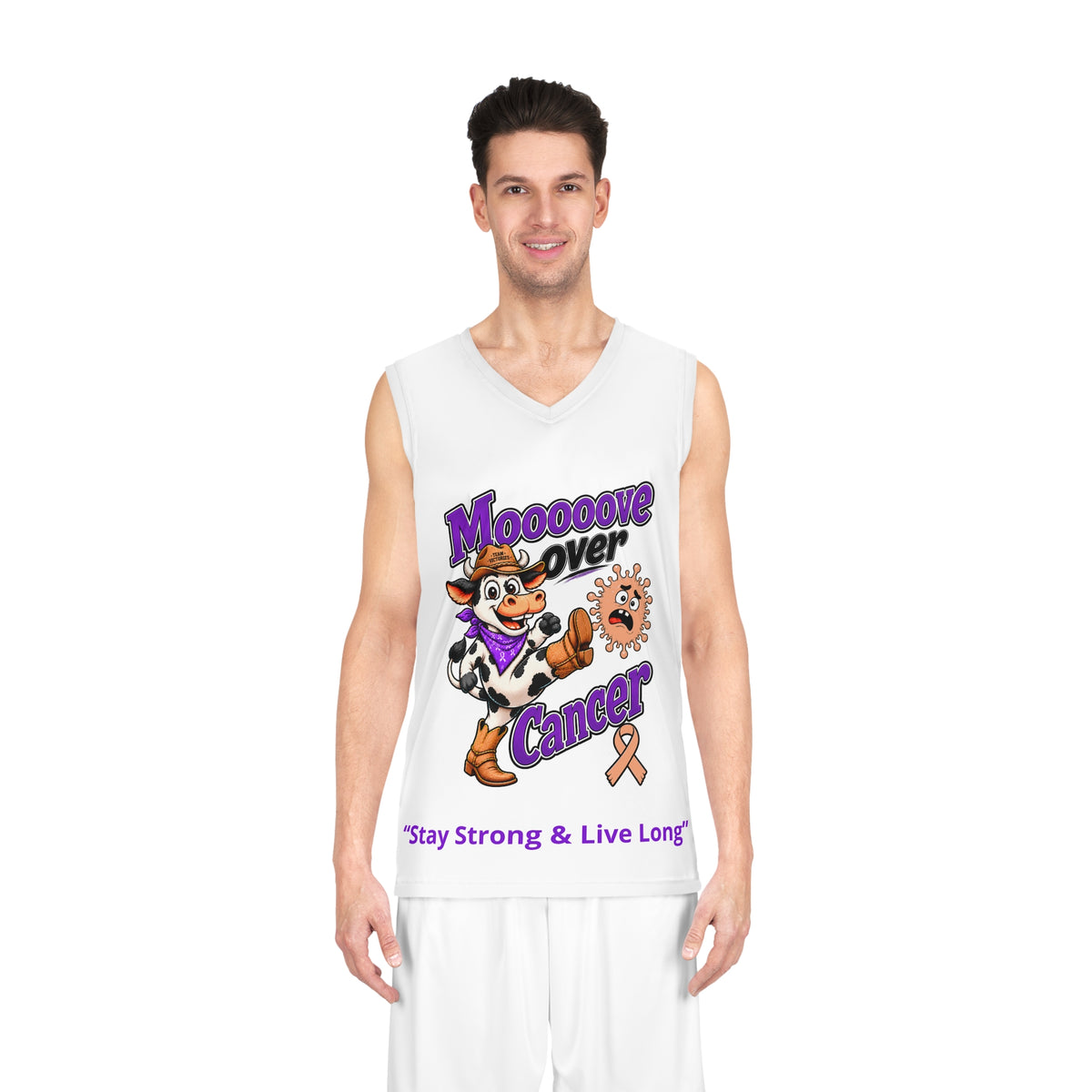 Front view of Moooove Over Cancer basketball jersey worn by a model