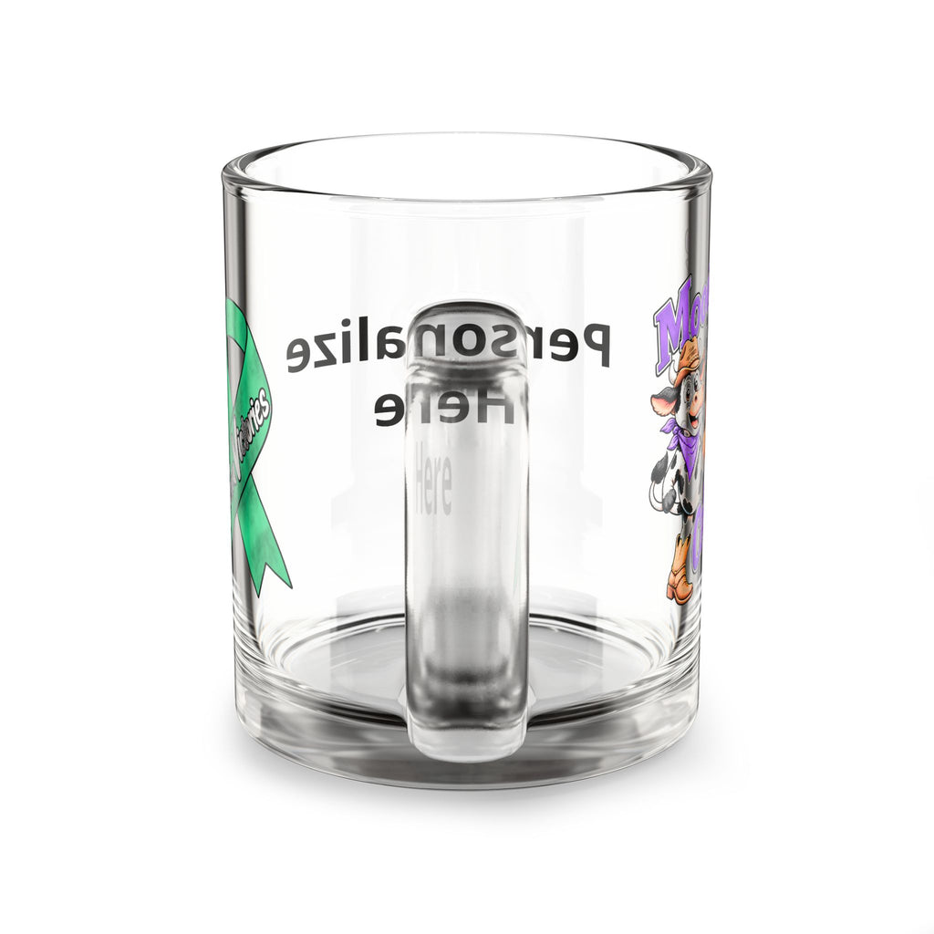 Moooove Over Cancer 10 oz glass mug showing the handle and personalization area