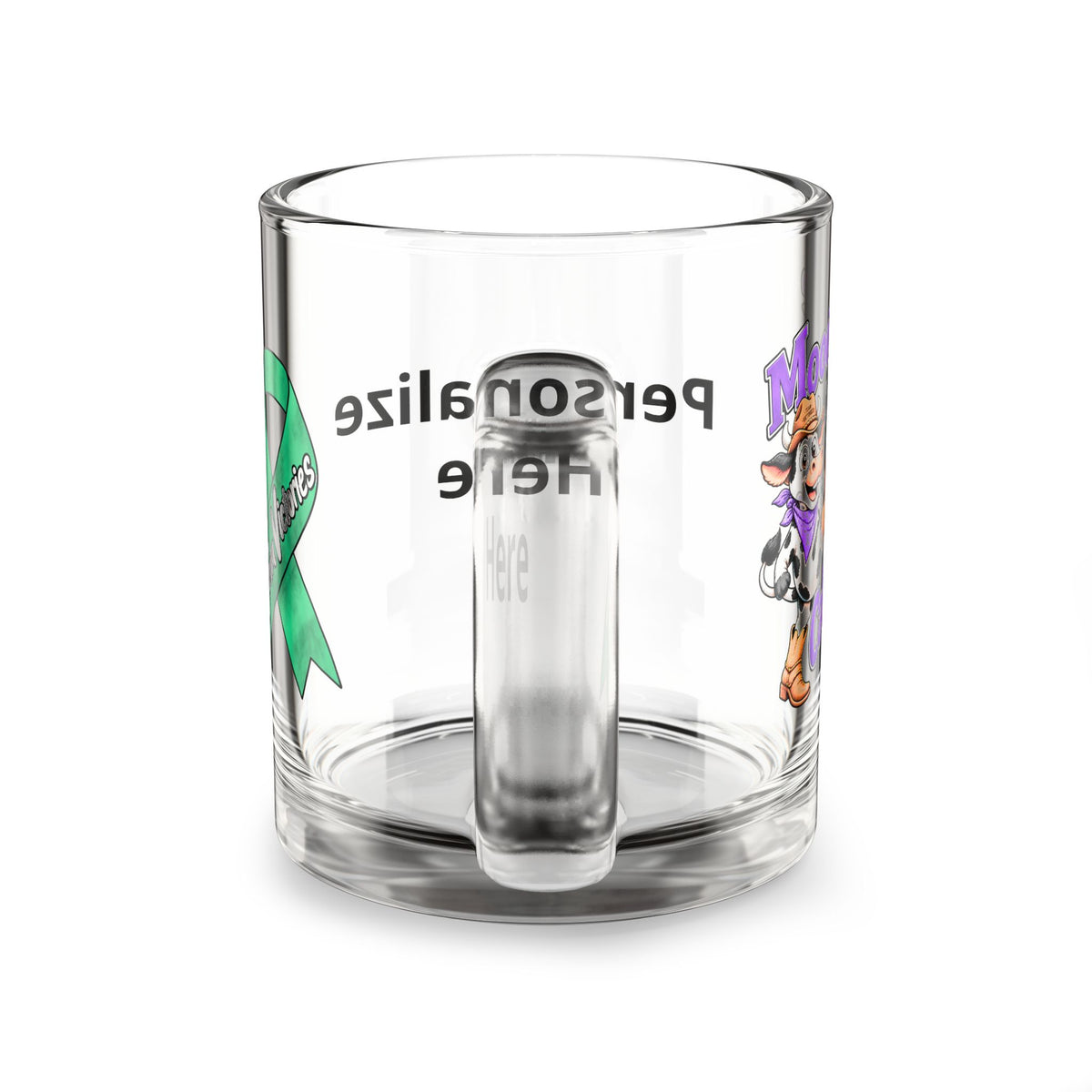 Moooove Over Cancer 10 oz glass mug showing the handle and personalization area