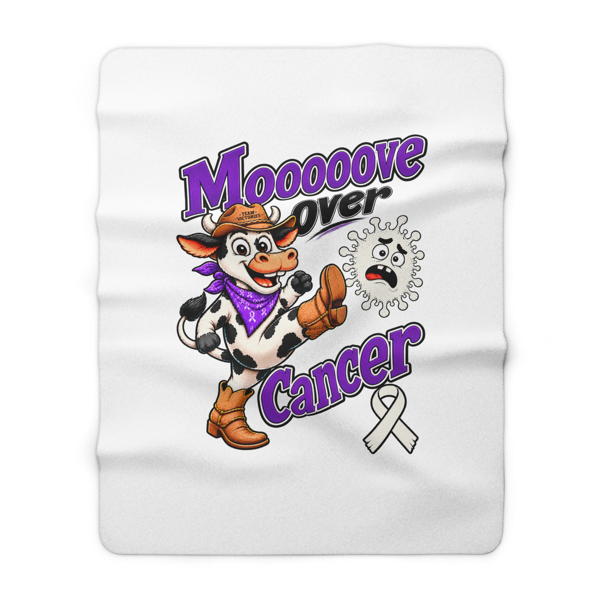 Moooove Over Cancer blanket showing the cow character and Lung Cancer awareness ribbon design