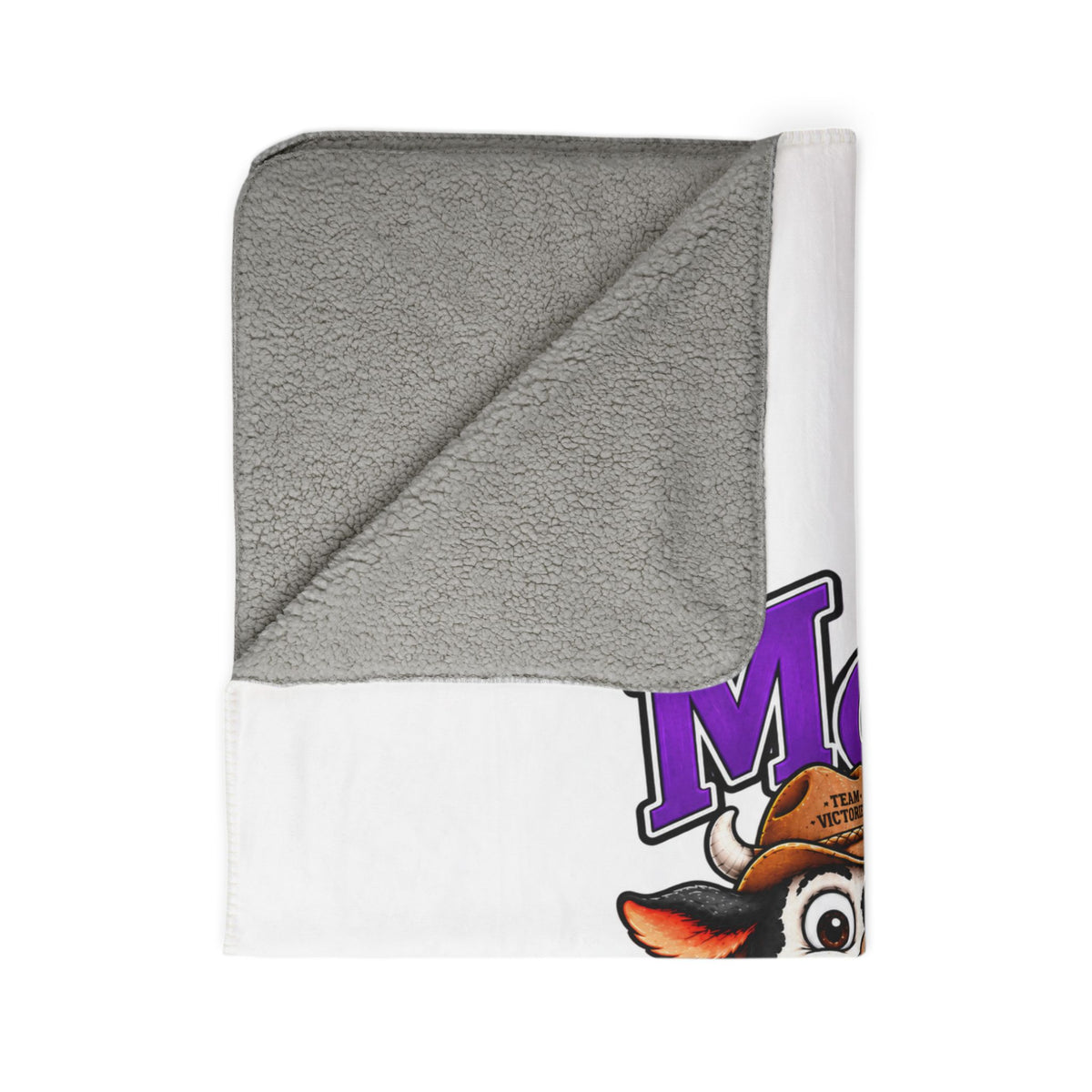 Moooove Over Cancer blanket showing plush gray sherpa backing and Leukemia/Kidney Cancer awareness design