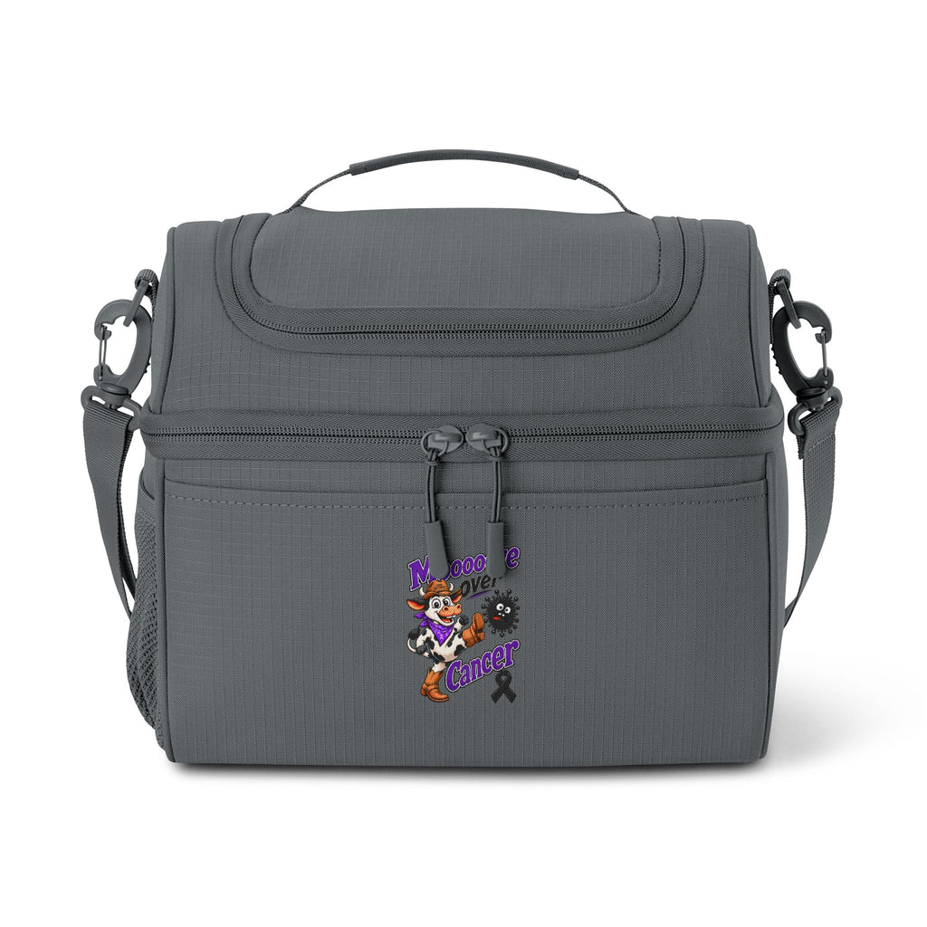 Moooove Over Cancer black ribbon design on the front of a gray insulated cooler bag