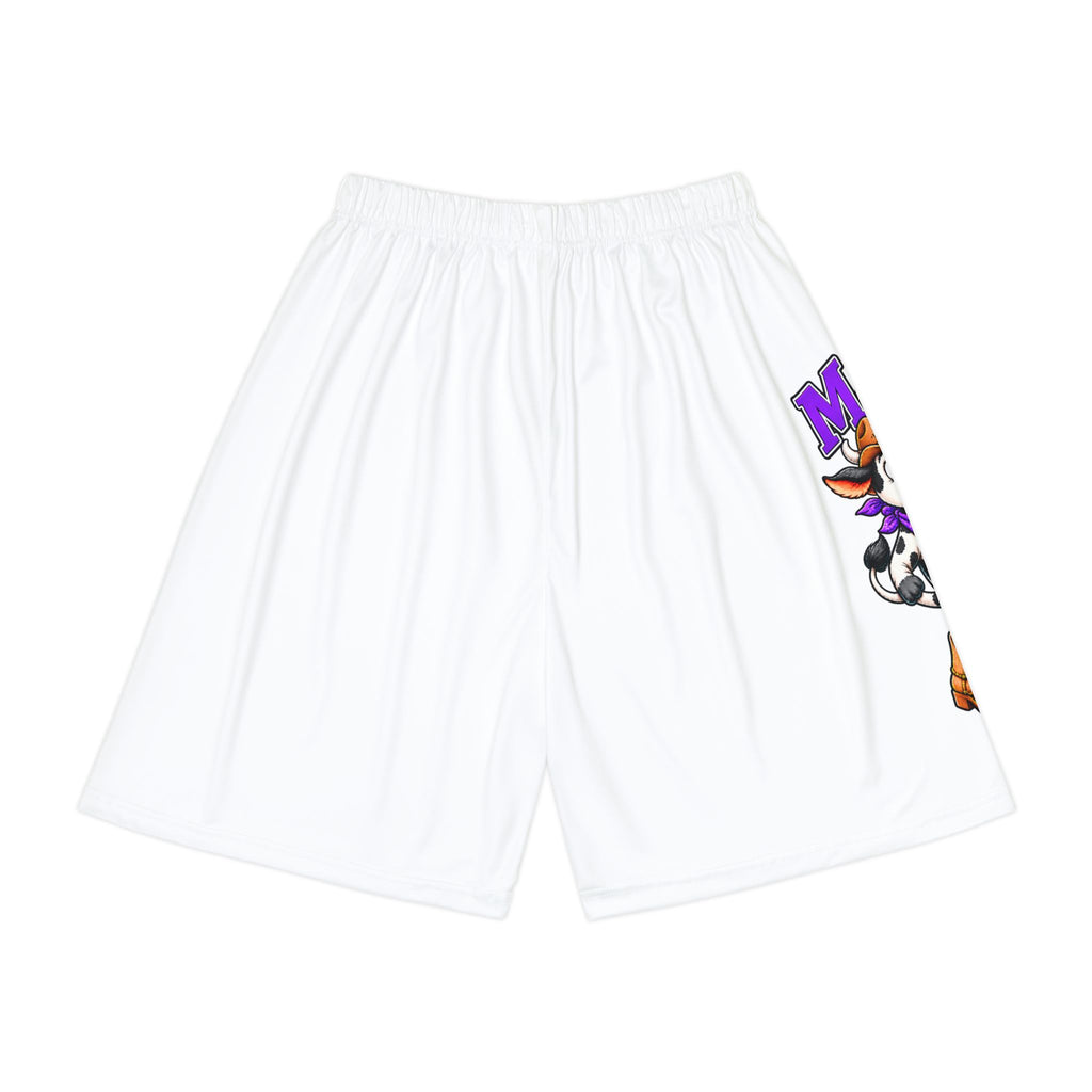 Back view of white Moooove Over Cancer shorts with partial cow graphic