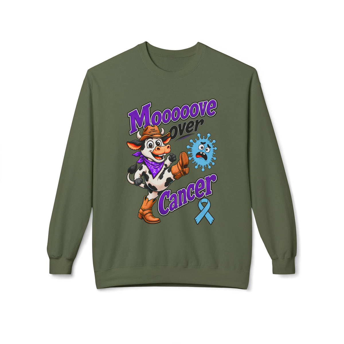 Brown Moooove Over Cancer sweatshirt with Prostate Cancer awareness ribbon artwork