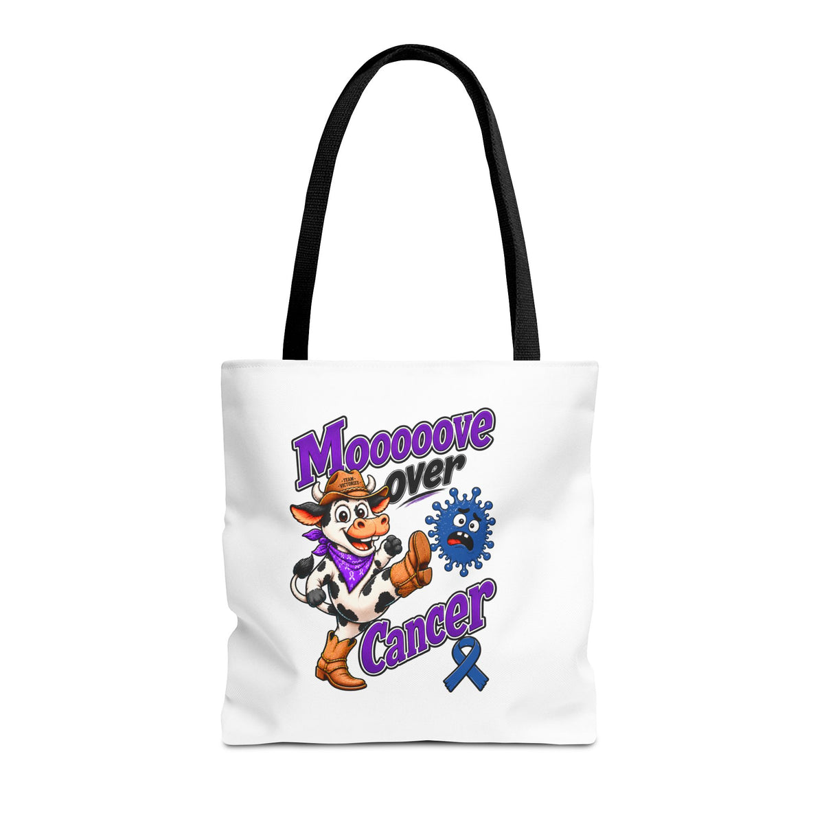 Back of Team Victories tote with a Colon Cancer awareness ribbon design