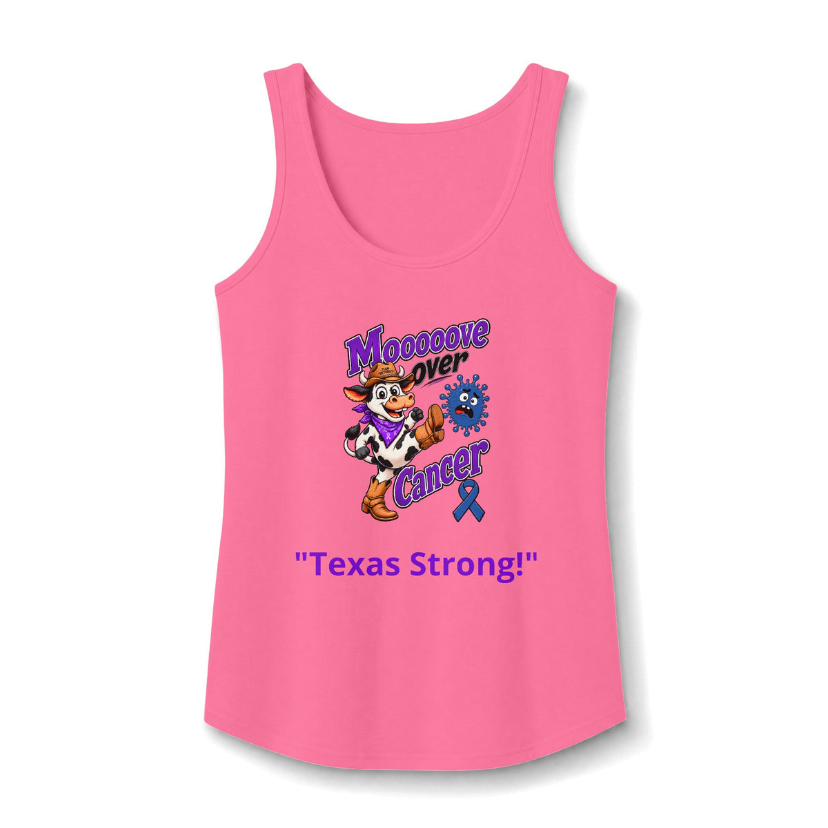 Moooove Over Cancer Texas Strong tank top with Colon Cancer awareness ribbon in pink