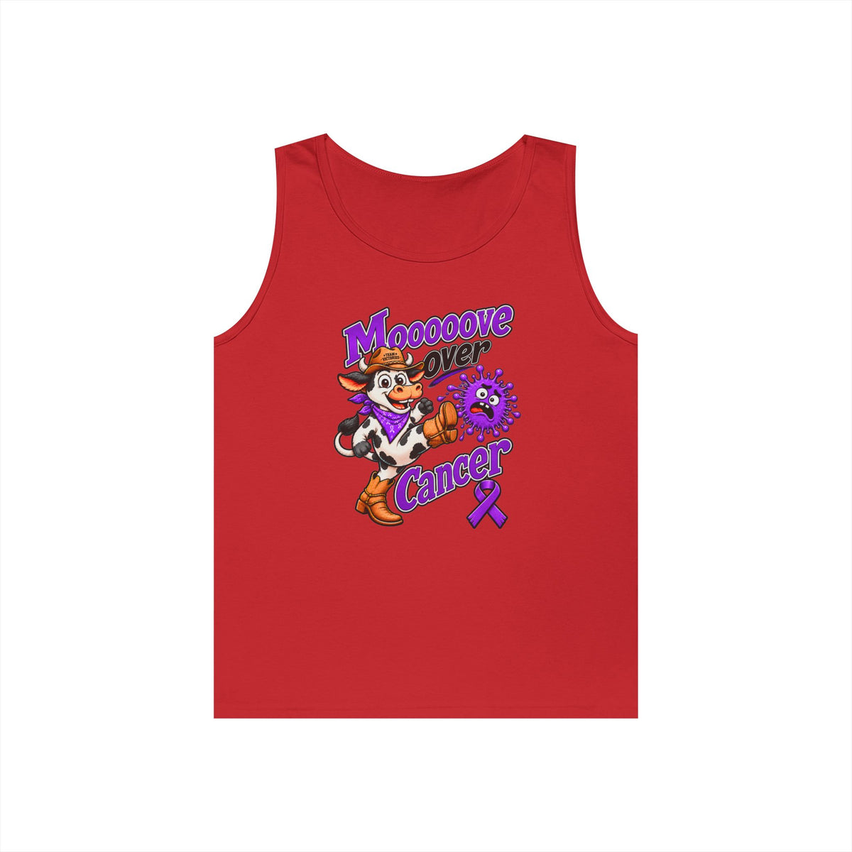 Moooove Over Cancer red tank top with Pancreatic Cancer awareness ribbon artwork