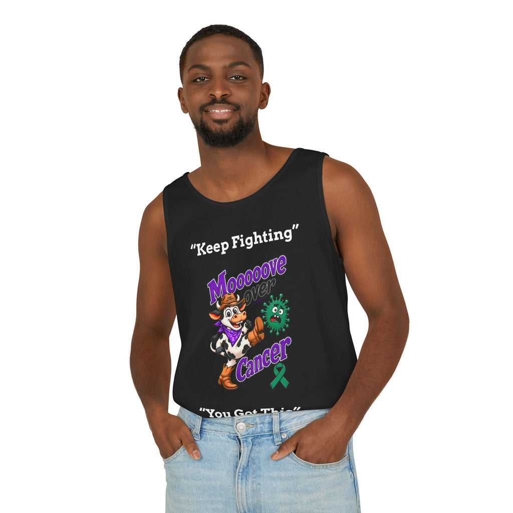 Woman modeling a white Moooove Over Cancer tank top with full front artwork