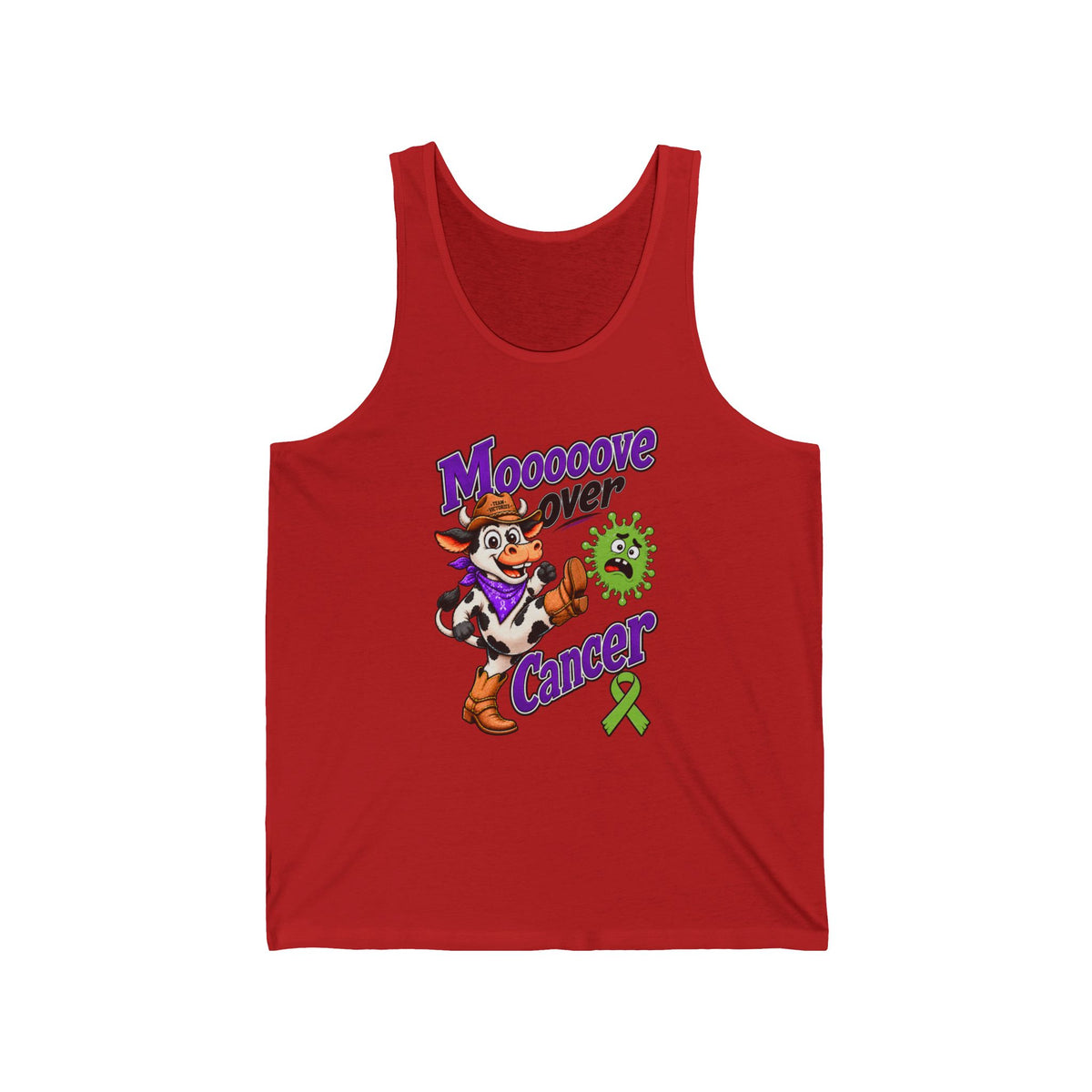 Red Moooove Over Cancer tank top with cow-inspired design and Non-Hodgkin/Lymphoma Cancer awareness ribbon