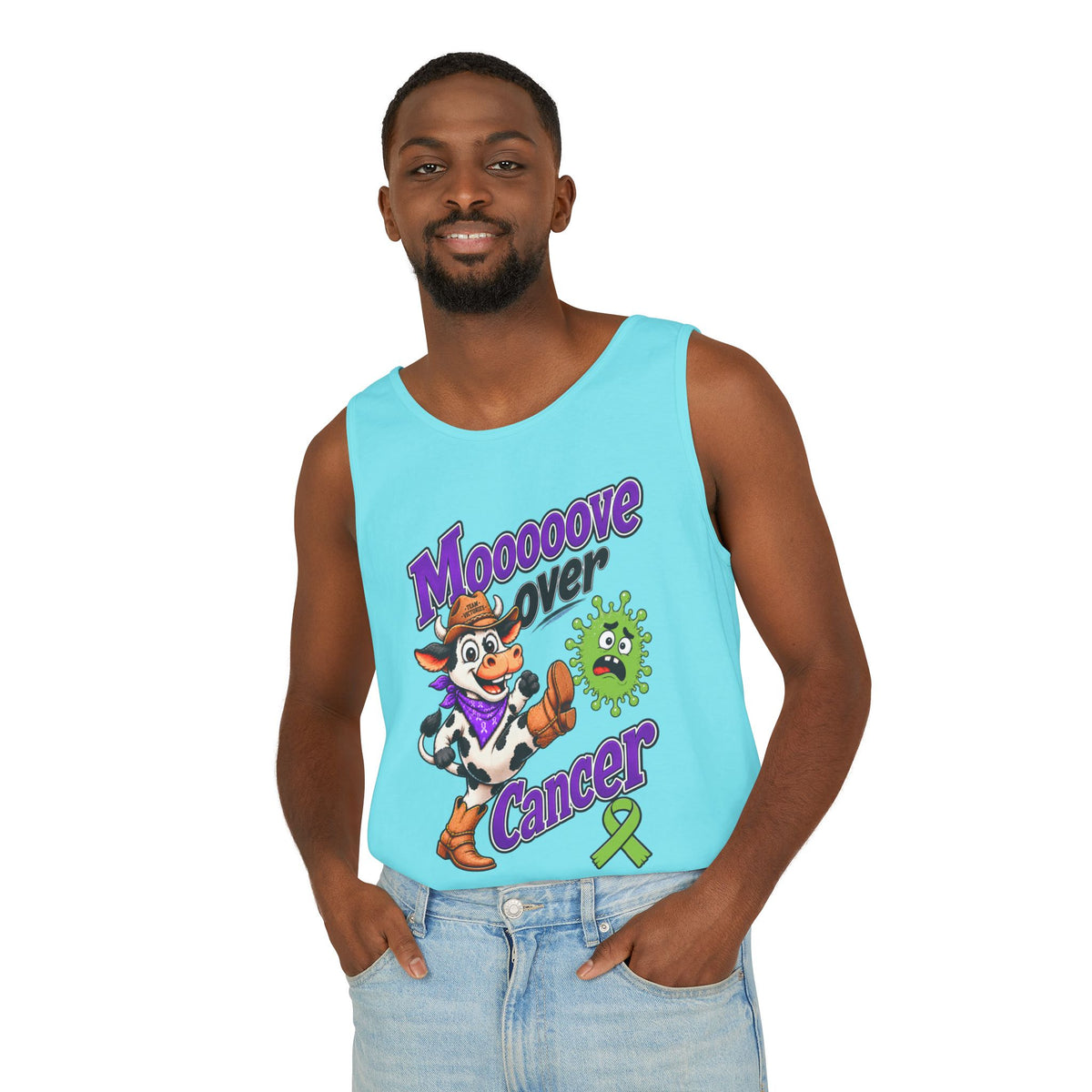Woman modeling slate blue Moooove Over Cancer tank top with awareness artwork