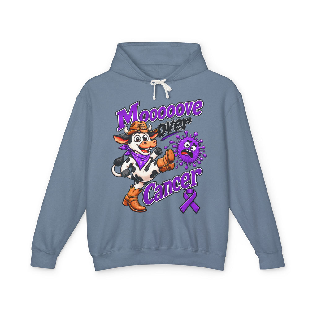 Model wearing the Moooove Over Cancer hoodie with cowgirl artwork and Pancreatic Cancer awareness ribbon