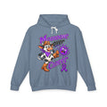Model wearing the Moooove Over Cancer hoodie with cowgirl artwork and Pancreatic Cancer awareness ribbon
