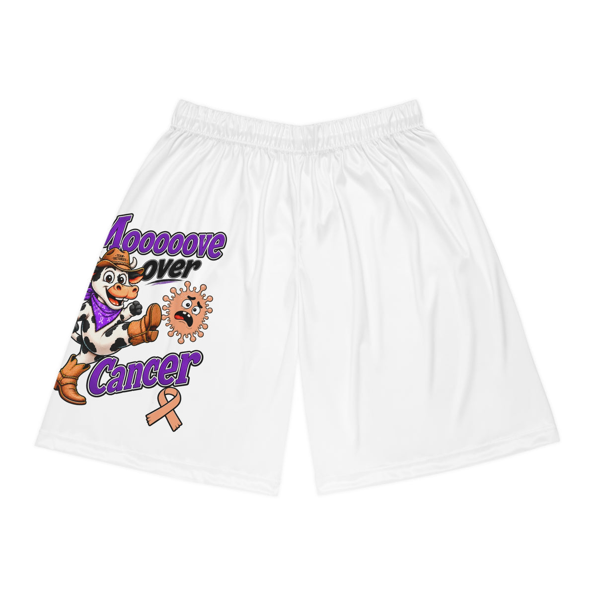 Moooove Over Cancer basketball shorts with cow artwork and orange awareness ribbon