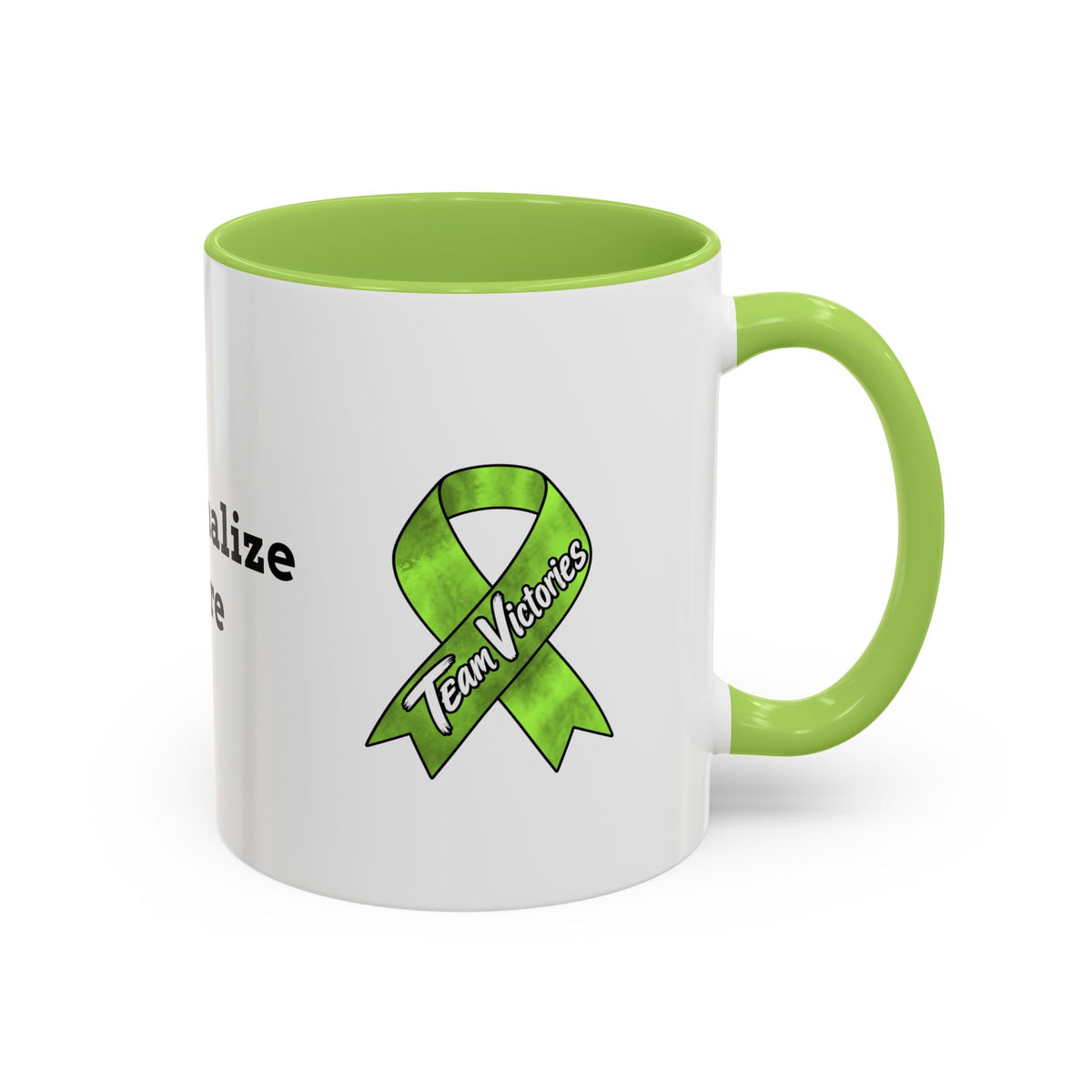 Moooove Over Cancer mug side view with lime accent and Non-Hodgkin/Lymphoma Cancer awareness ribbon