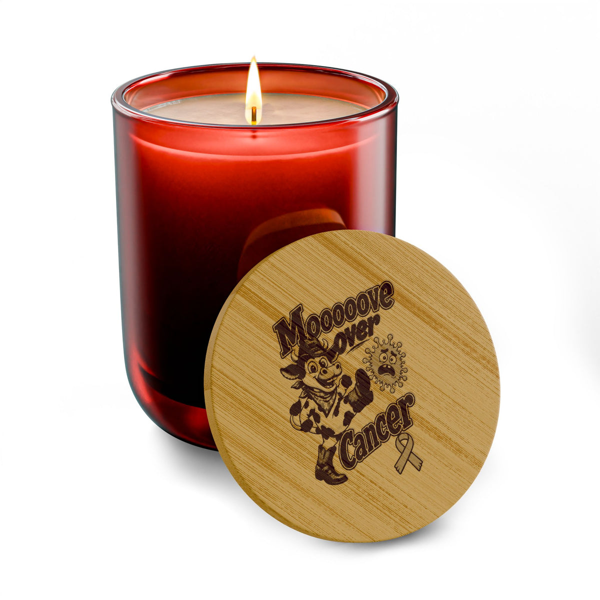 Moooove Over Cancer engraved bamboo lid on red soy candle with Uterine Cancer awareness ribbon