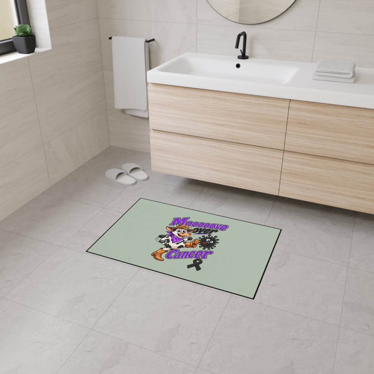 Moooove Over Cancer mat displayed on a bathroom floor