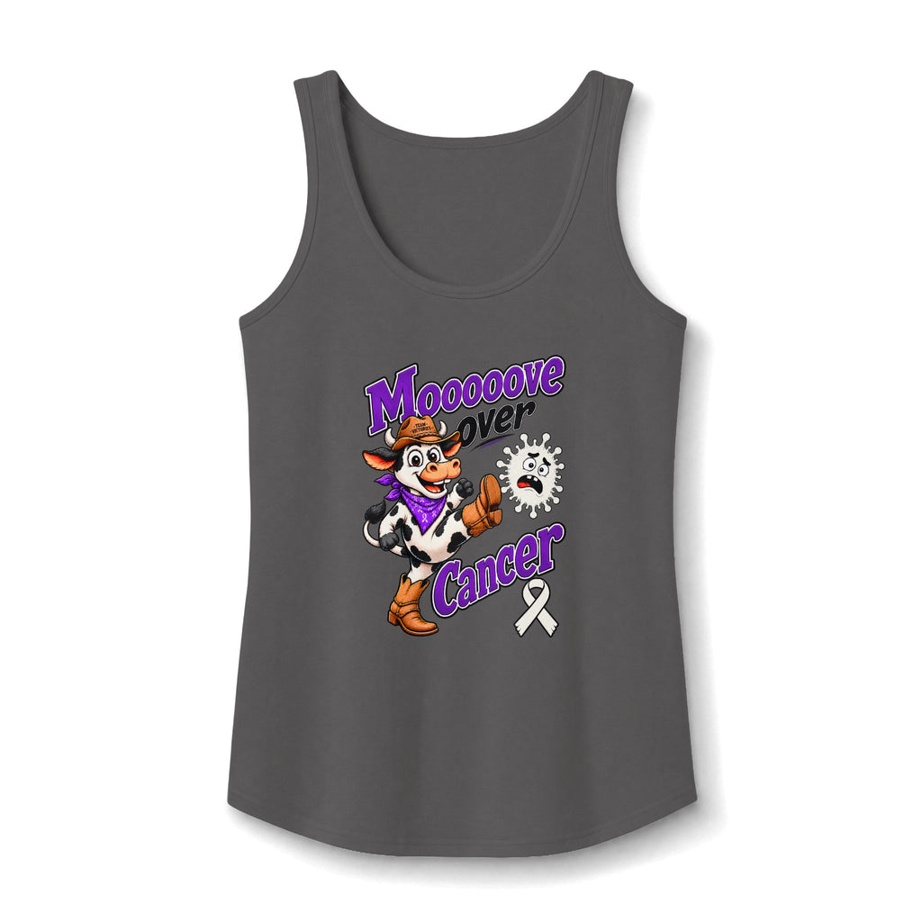 Moooove Over Cancer charcoal tank top with Lung Cancer awareness ribbon design