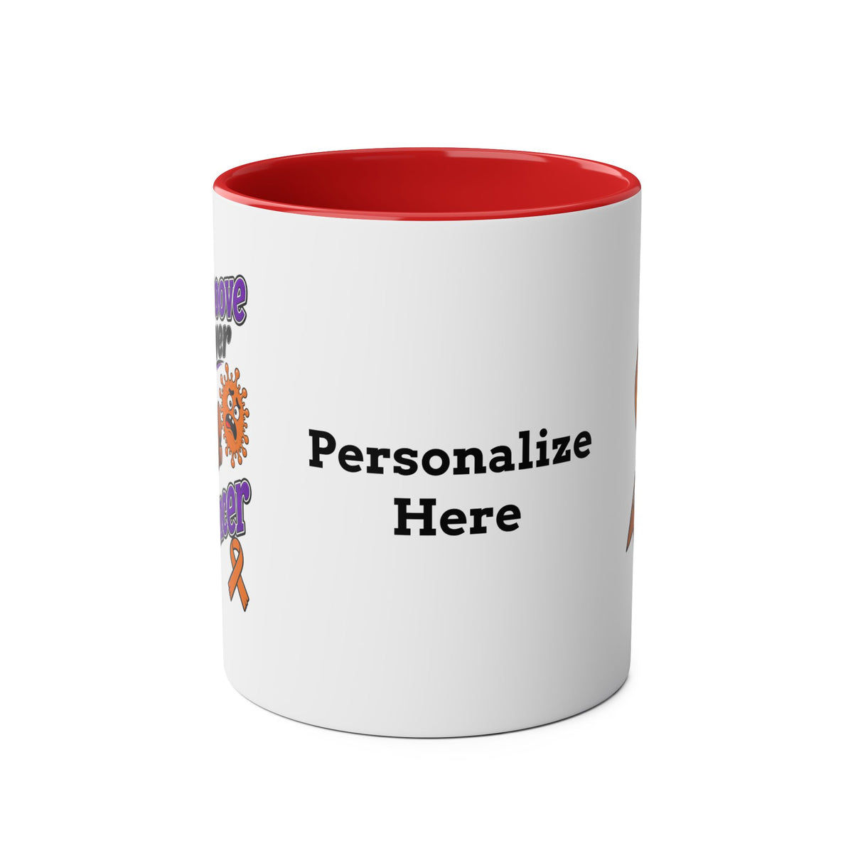 Moooove Over Cancer mug with Team Victories ribbon artwork and red handle