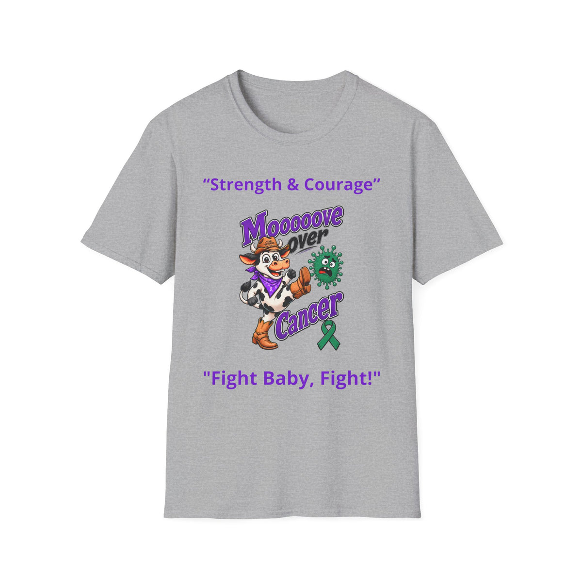 Gray Moooove Over Cancer T-shirt with purple lettering and Liver Cancer awareness ribbon