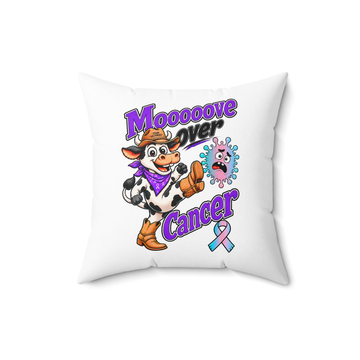 Moooove Over Cancer cow throw pillow displayed at an angle with Thyroid Cancer awareness ribbon