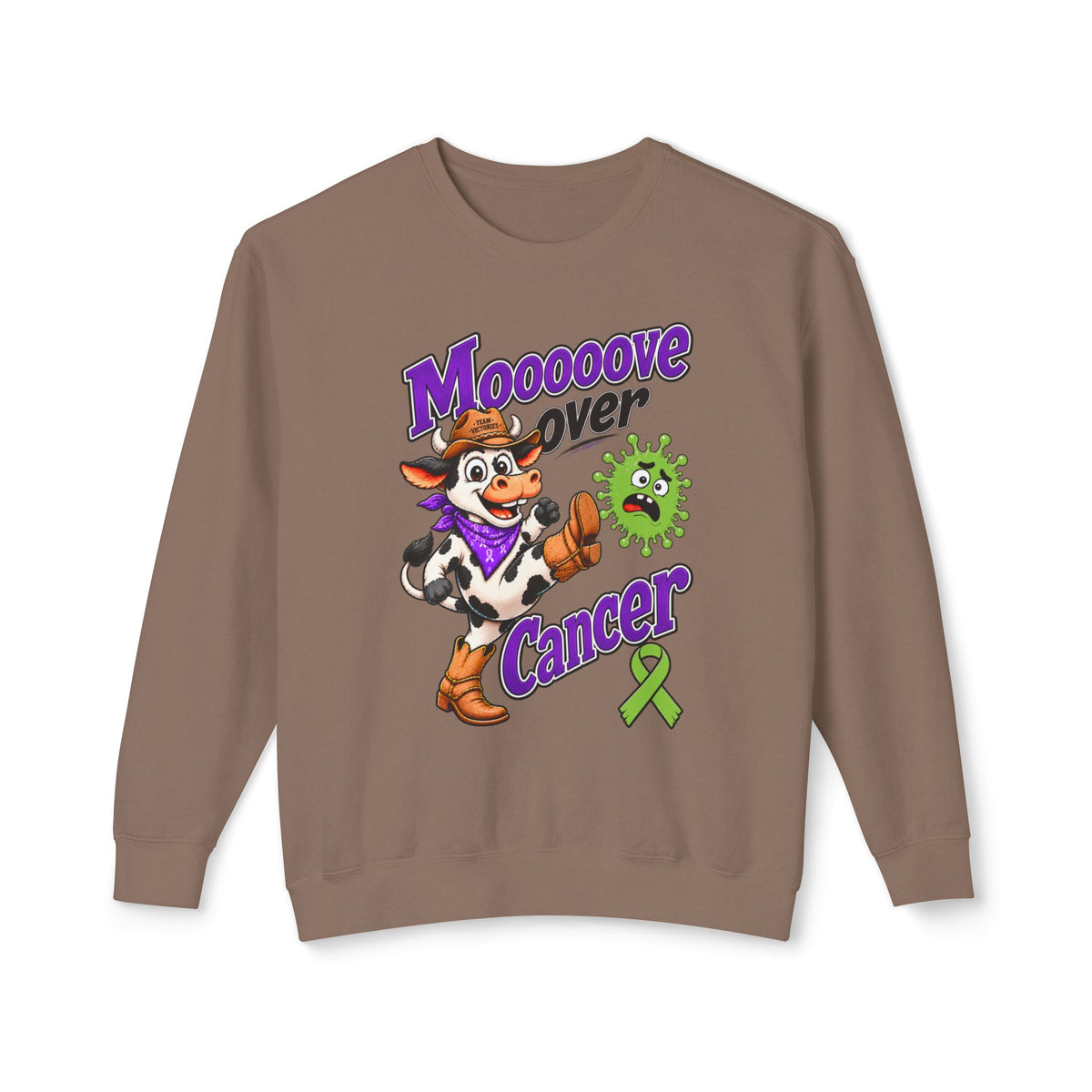 Moooove Over Cancer crewneck sweatshirt in taupe with cow artwork and Non-Hodgkin/Lymphoma Cancer awareness ribbon