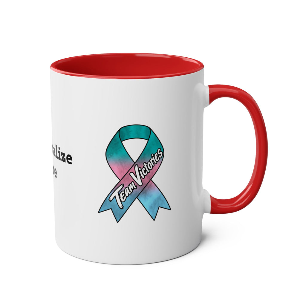 Red Moooove Over Cancer mug showing Team Victories ribbon artwork on the back