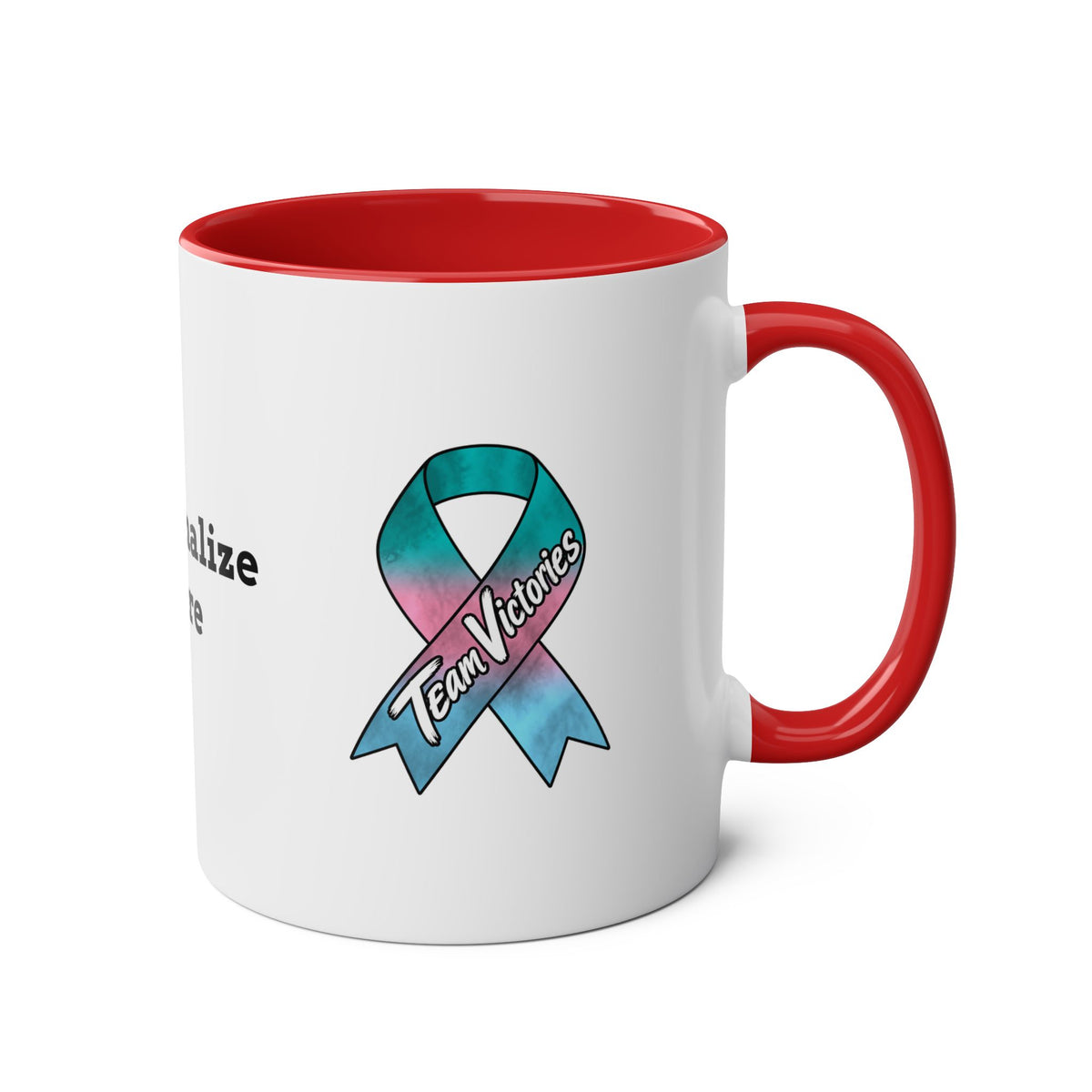Red Moooove Over Cancer mug showing Team Victories ribbon artwork on the back