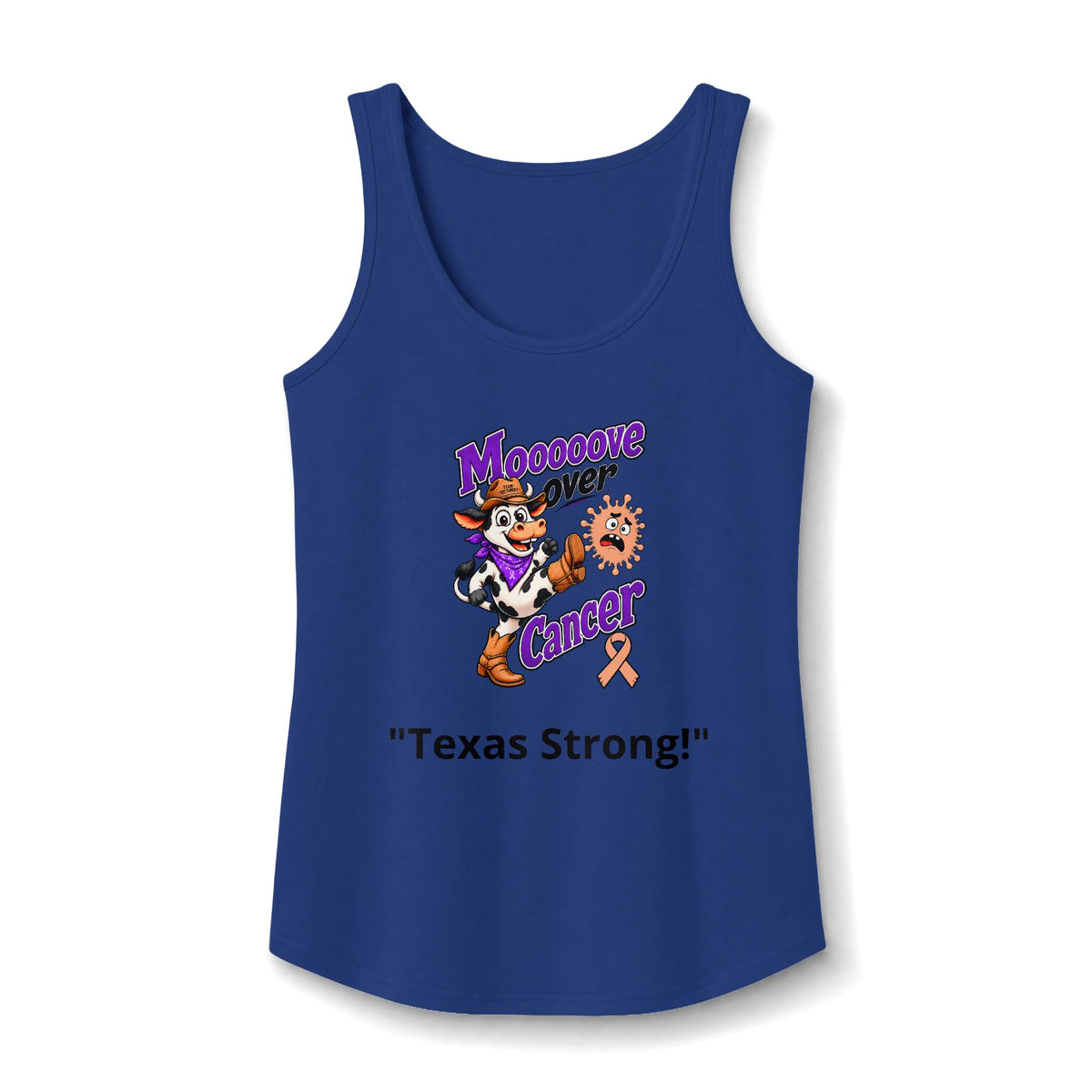Moooove Over Cancer Texas Strong tank top with peach Uterine Cancer awareness ribbon in royal blue