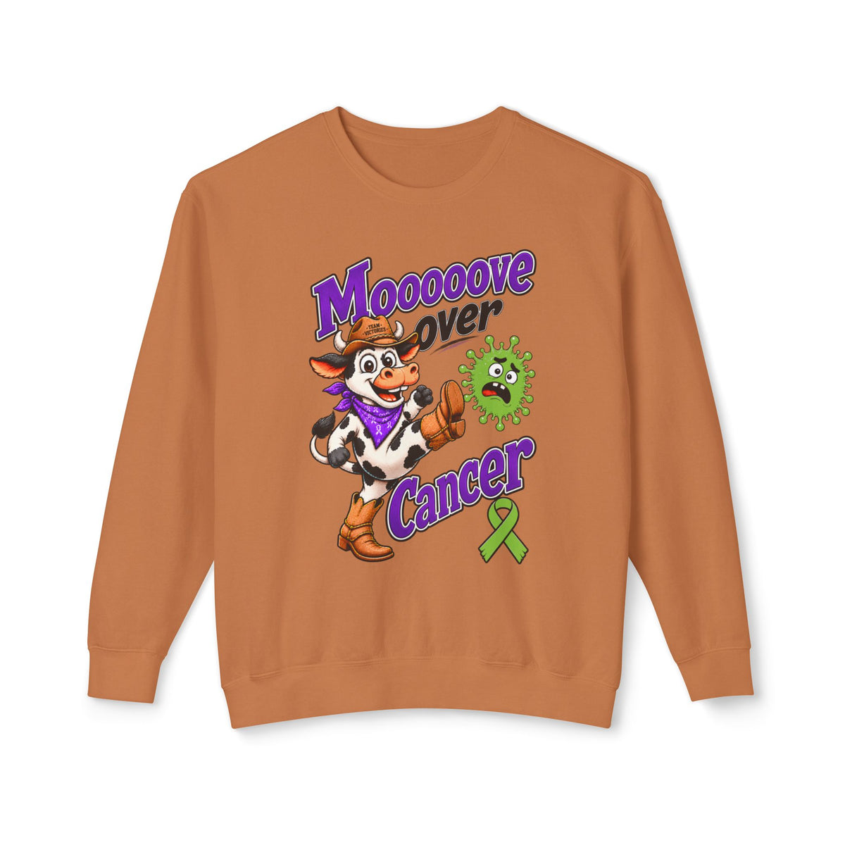 Moooove Over Cancer crewneck sweatshirt in brown with cow artwork and Non-Hodgkin/Lymphoma Cancer awareness ribbon