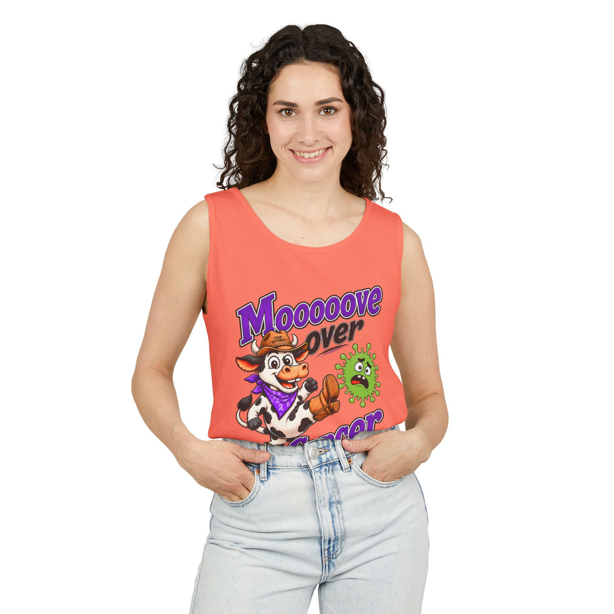 Man modeling cream Moooove Over Cancer tank top with cow design