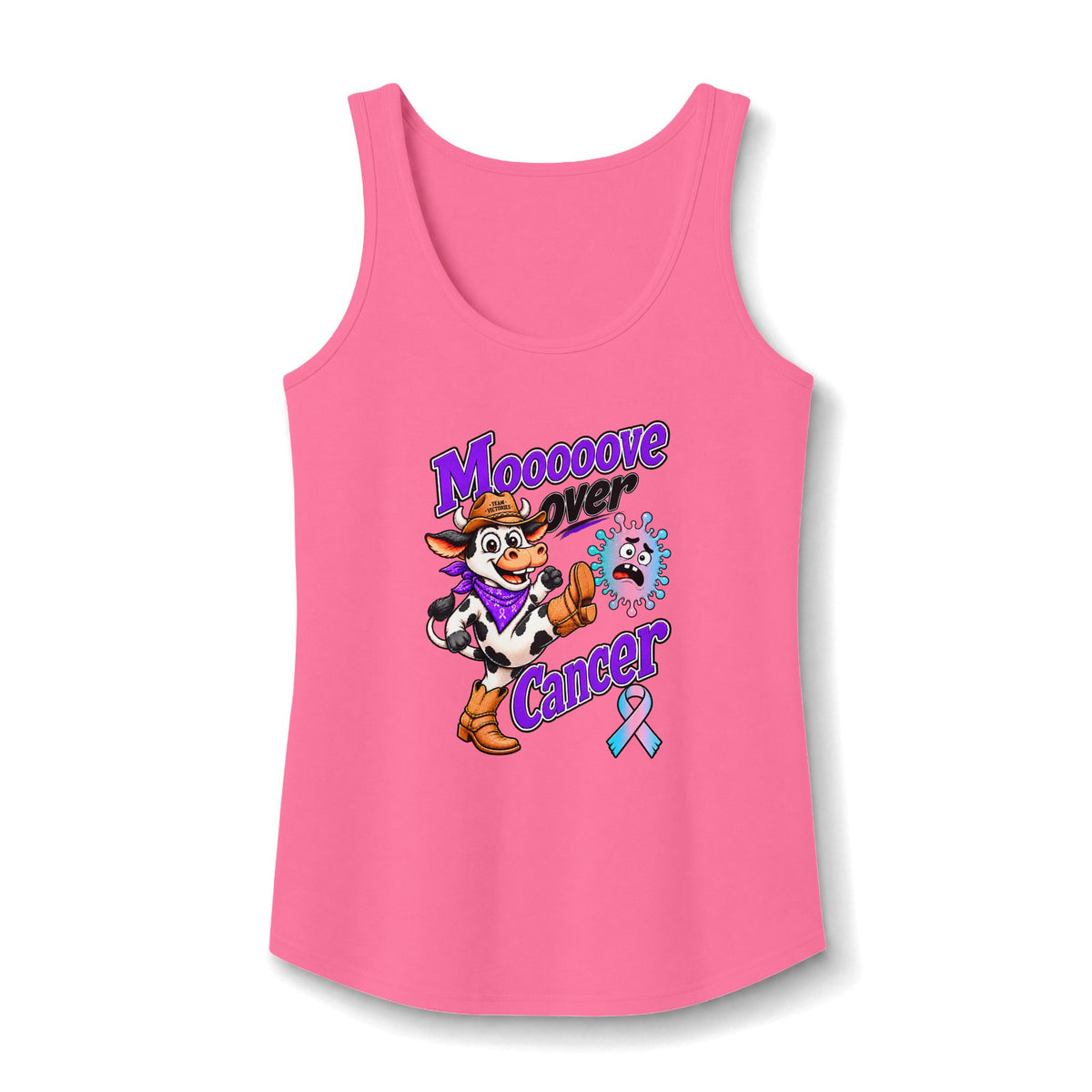 Moooove Over Cancer tank top in pink with a Thyroid Cancer awareness ribbon design
