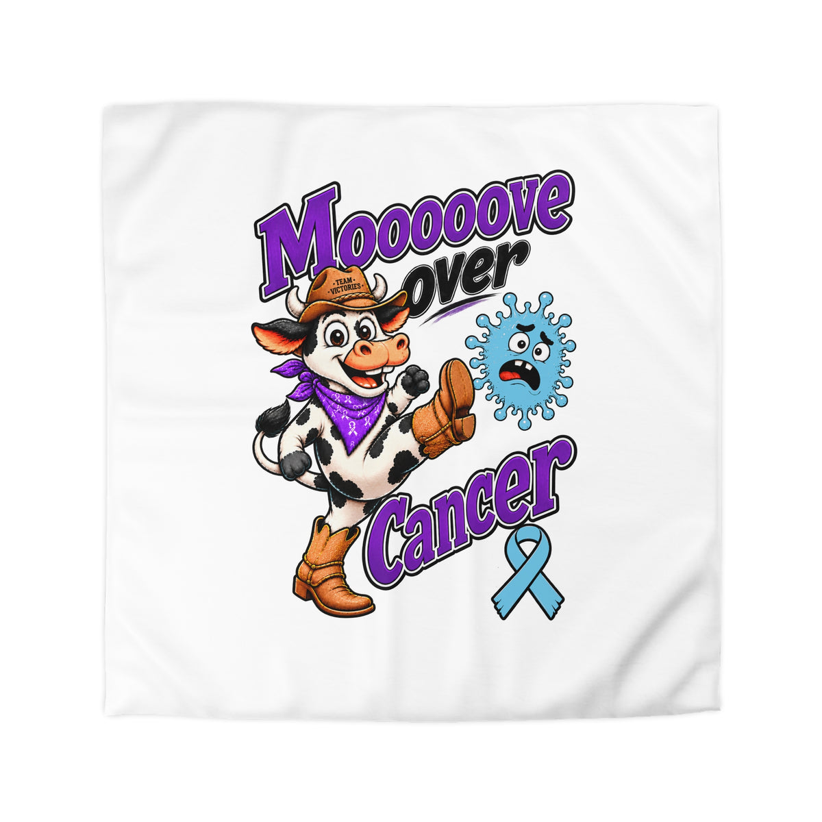 Flat view of Moooove Over Cancer bedding with a light blue Prostate Cancer awareness ribbon
