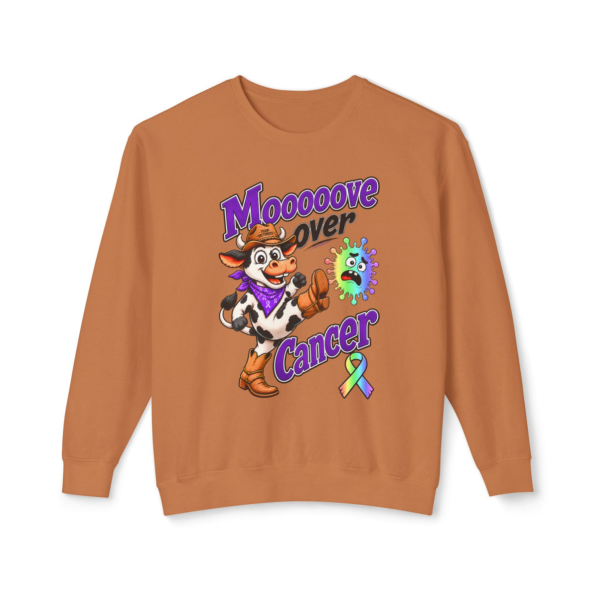 Moooove Over Cancer brown crewneck sweatshirt with cowboy cow artwork and all-cancer awareness ribbon